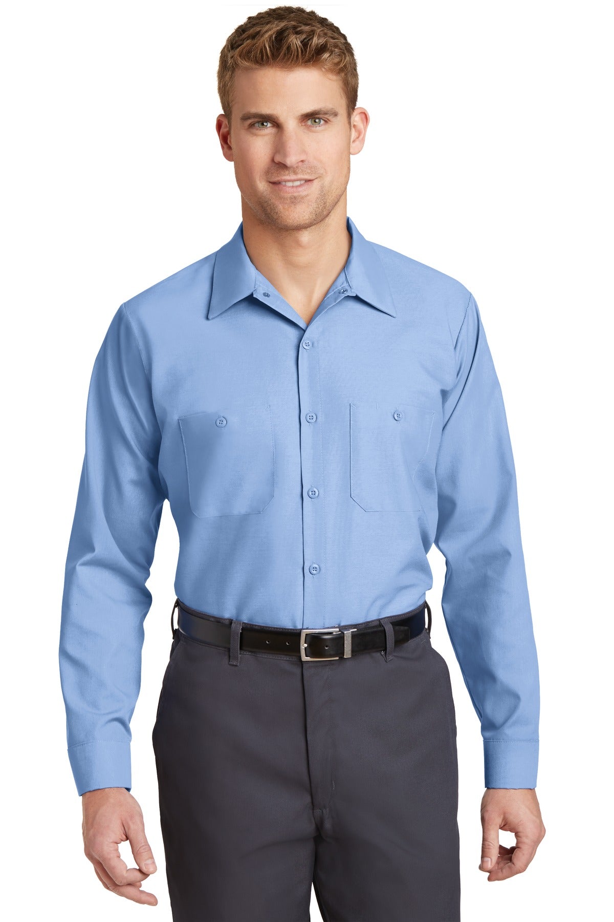 Front View of Light Blue Red Kap Long Sleeve Industrial Work Shirt. SP14
