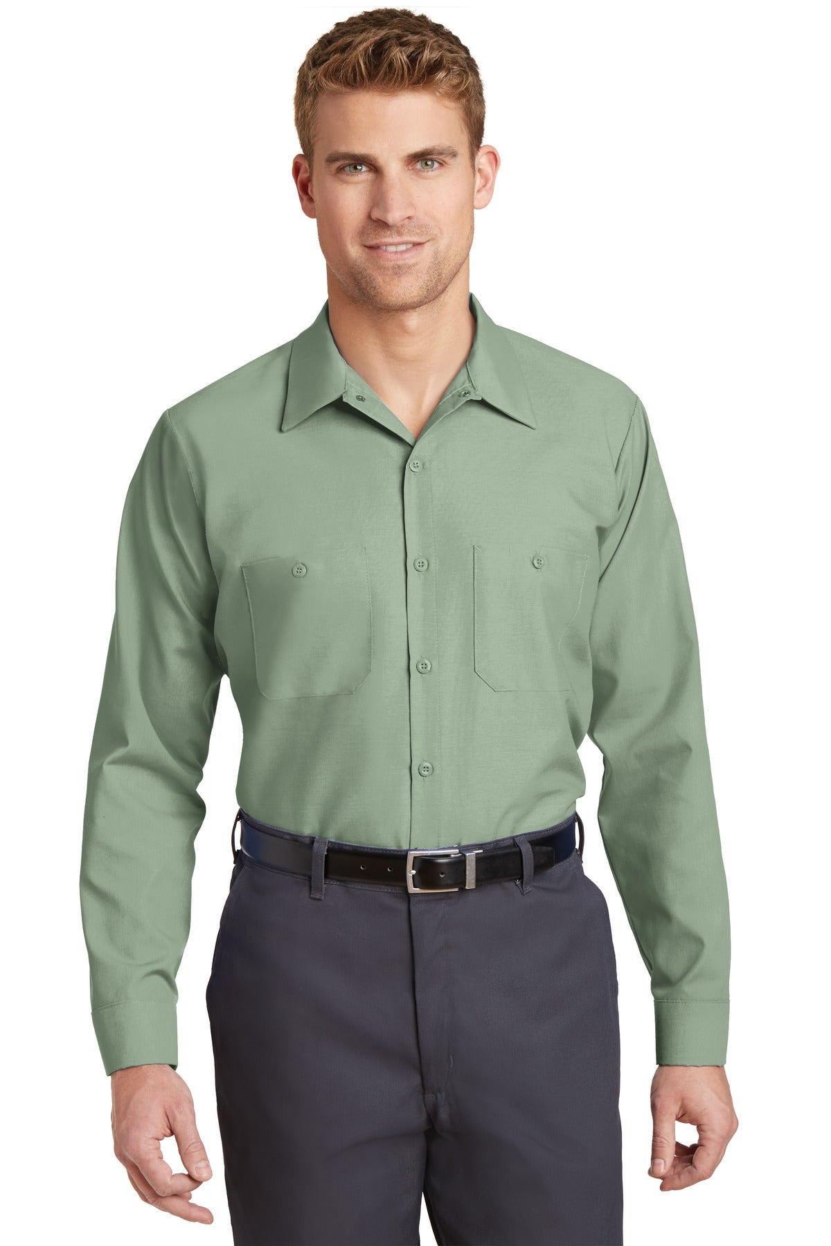 Front View of Light Green Red Kap Long Sleeve Industrial Work Shirt. SP14