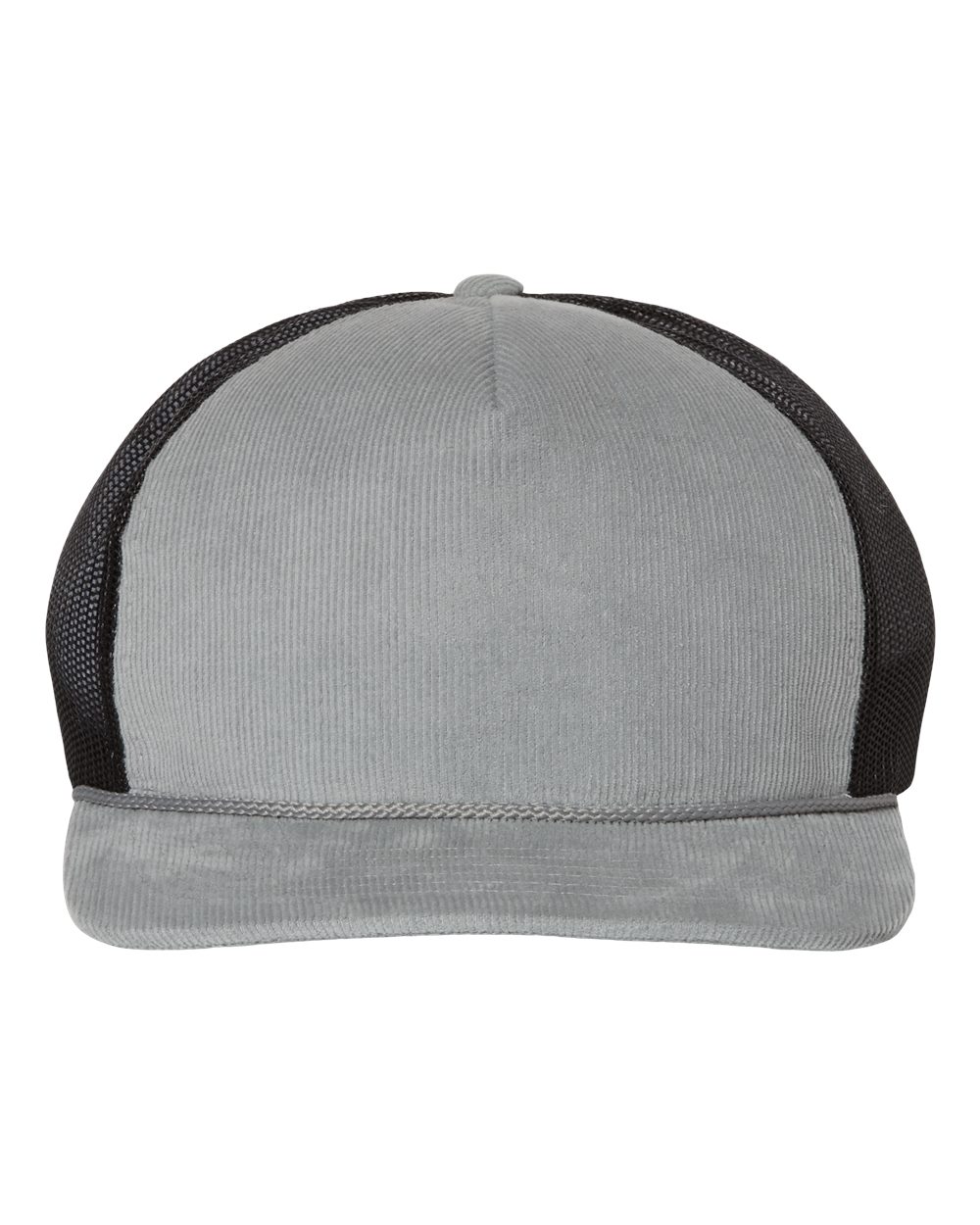 Front View of Light Grey/ Black Troutdale Corduroy Trucker Cap - 930