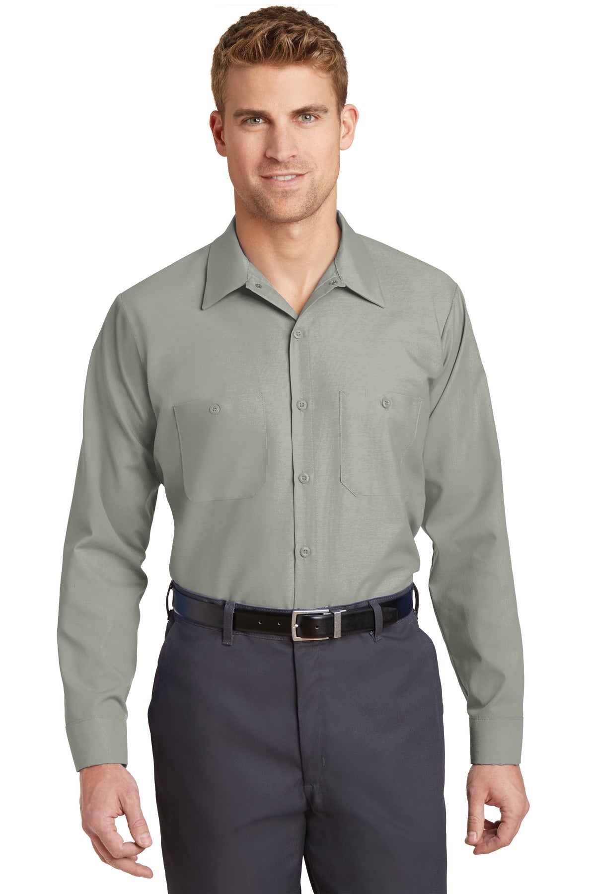 Front View of Light Grey Red Kap Long Sleeve Industrial Work Shirt. SP14