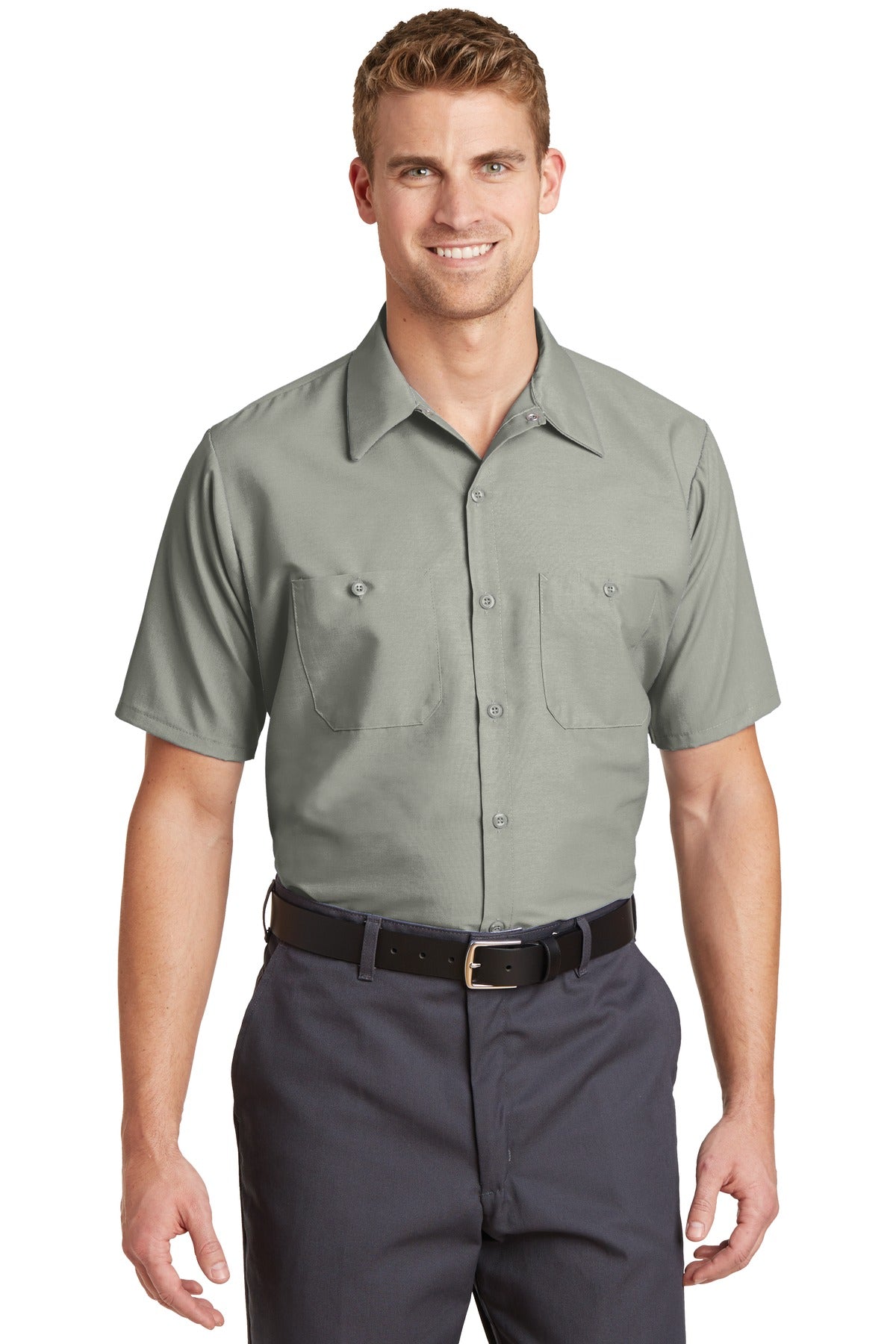 Front View of Light Grey Red Kap Short Sleeve Industrial Work Shirt. SP24