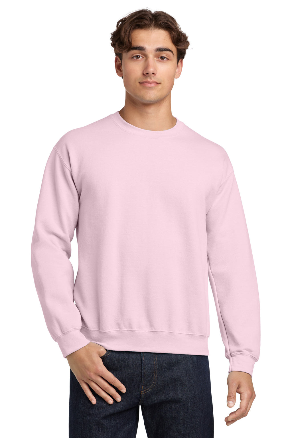 Front View of Light Pink Gildan Heavy Blend Crewneck Sweatshirt. 18000