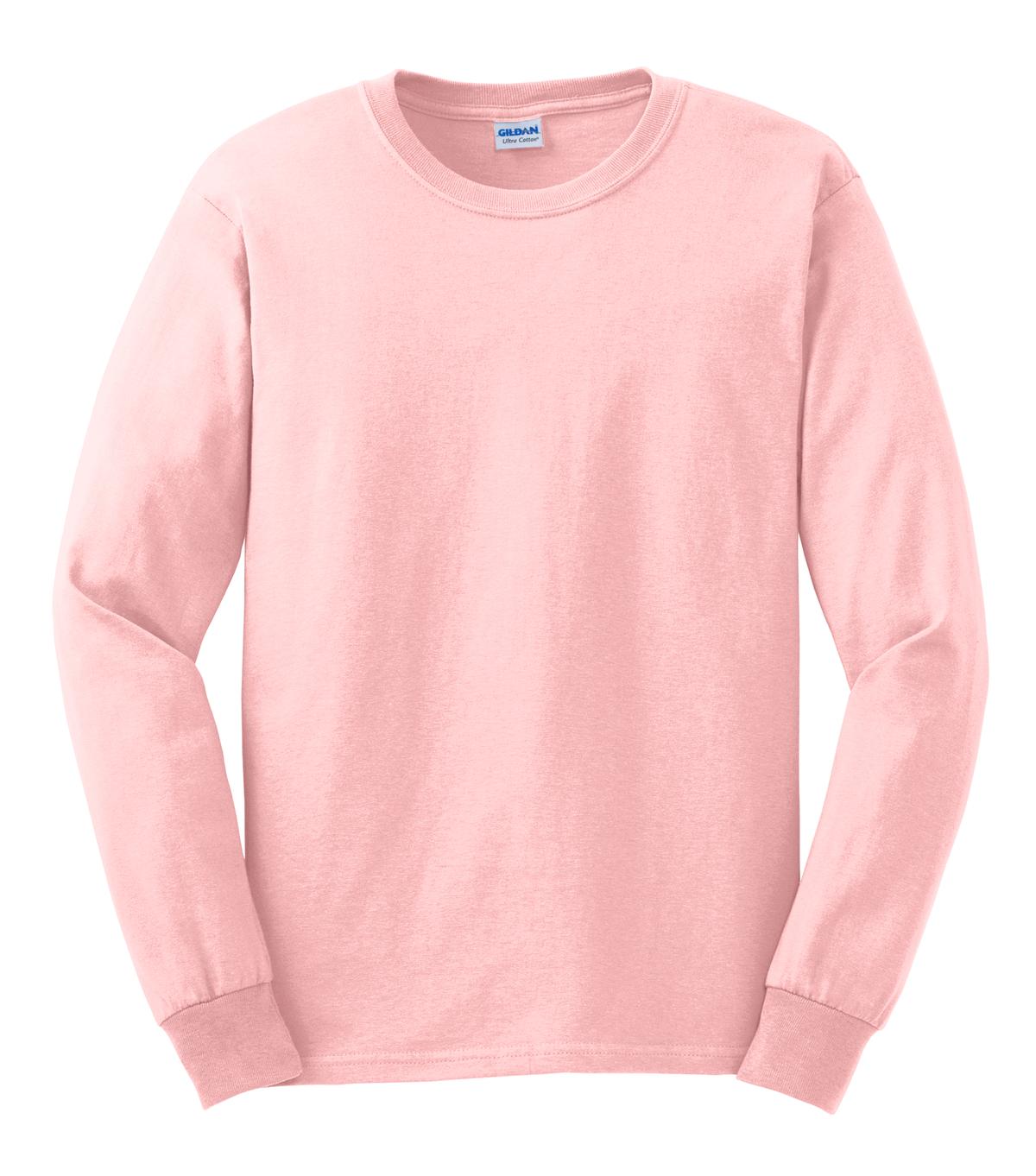 Front View of Light Pink Gildan - Ultra Cotton 100% US Cotton Long Sleeve T-Shirt. G2400