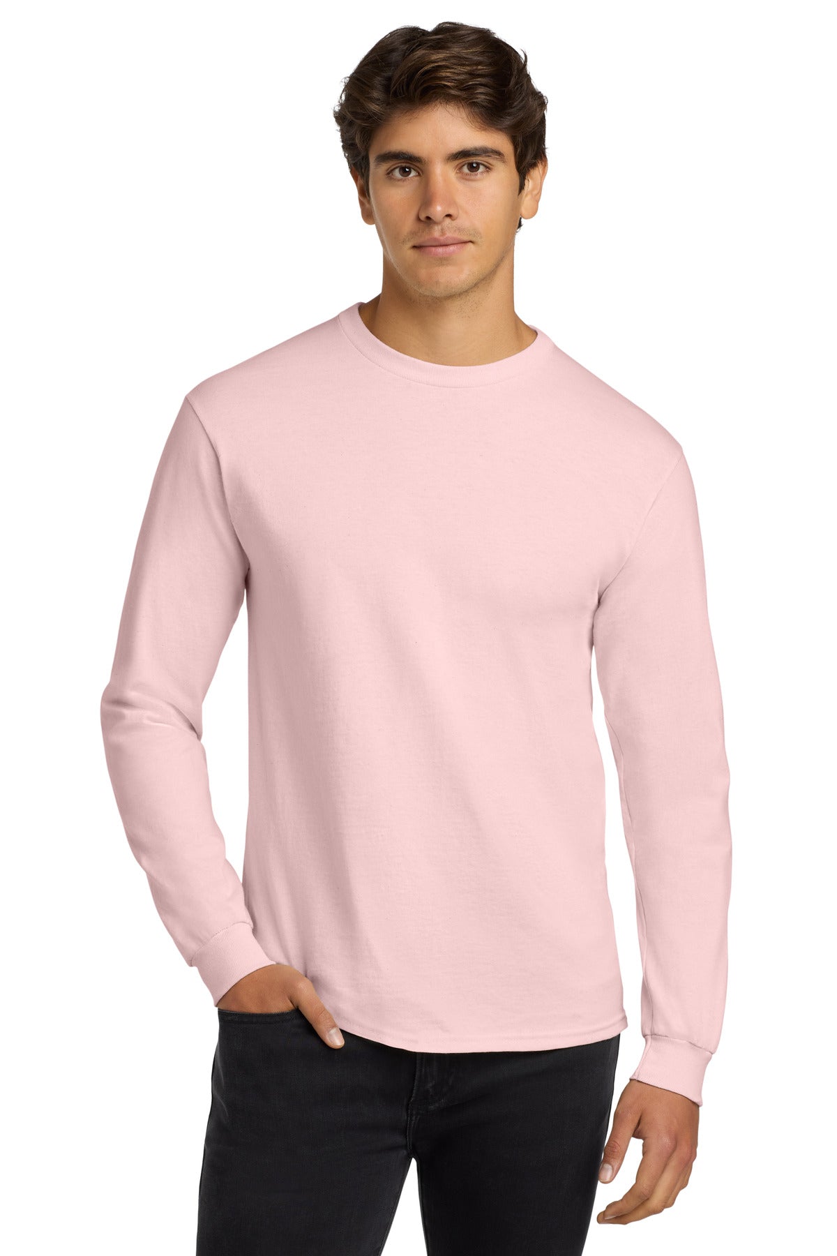 Front View of Light Pink Gildan - Ultra Cotton 100% US Cotton Long Sleeve T-Shirt. G2400