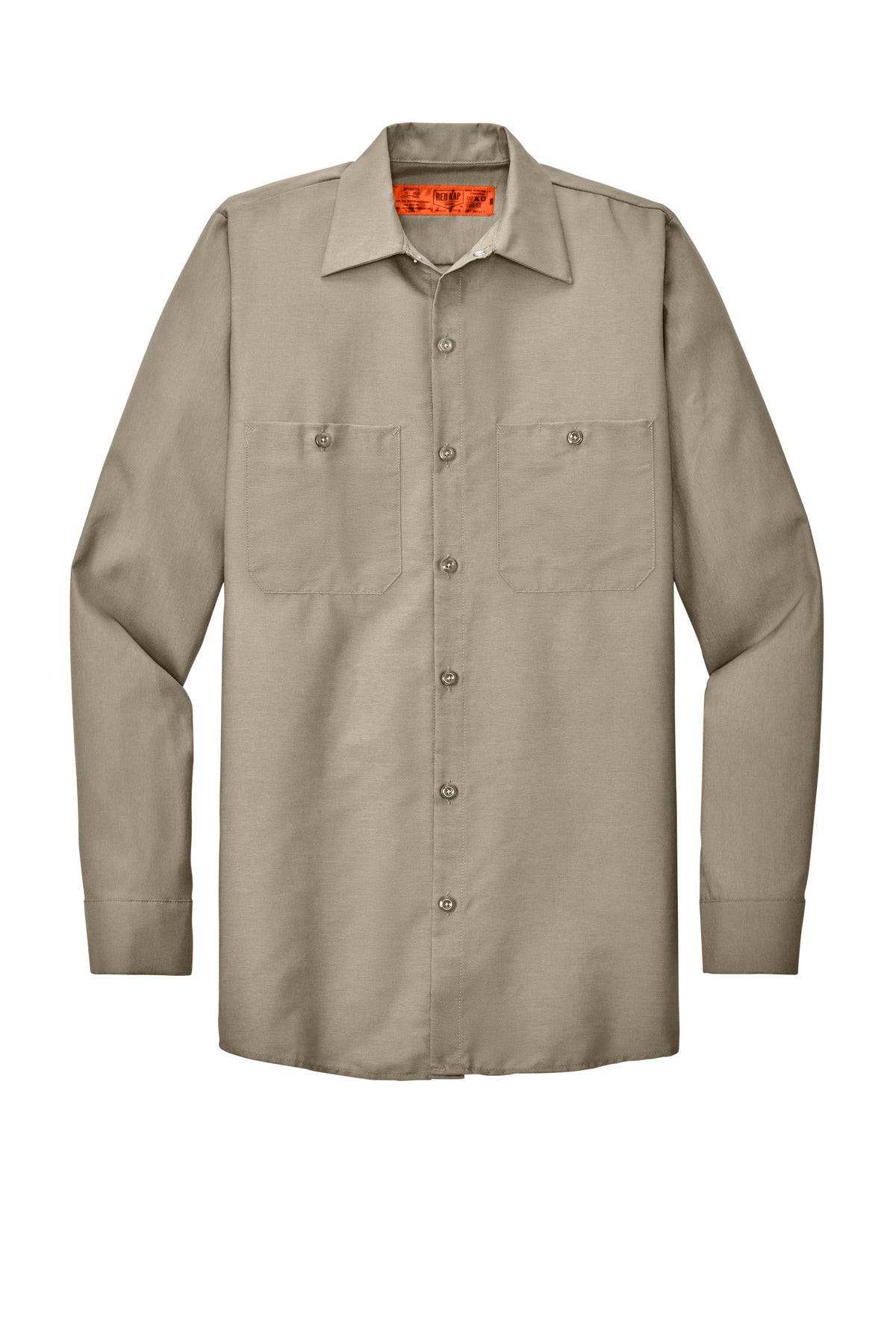 Front View of Light Tan Red Kap Long Sleeve Industrial Work Shirt. SP14