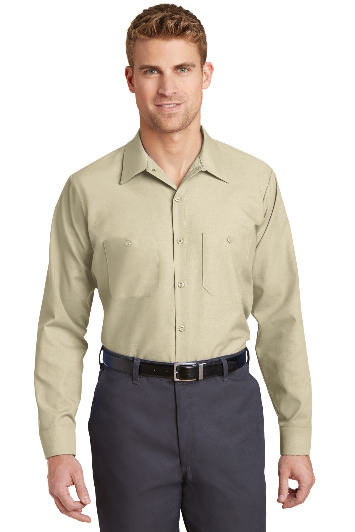 Front View of Light Tan Red Kap Long Sleeve Industrial Work Shirt. SP14