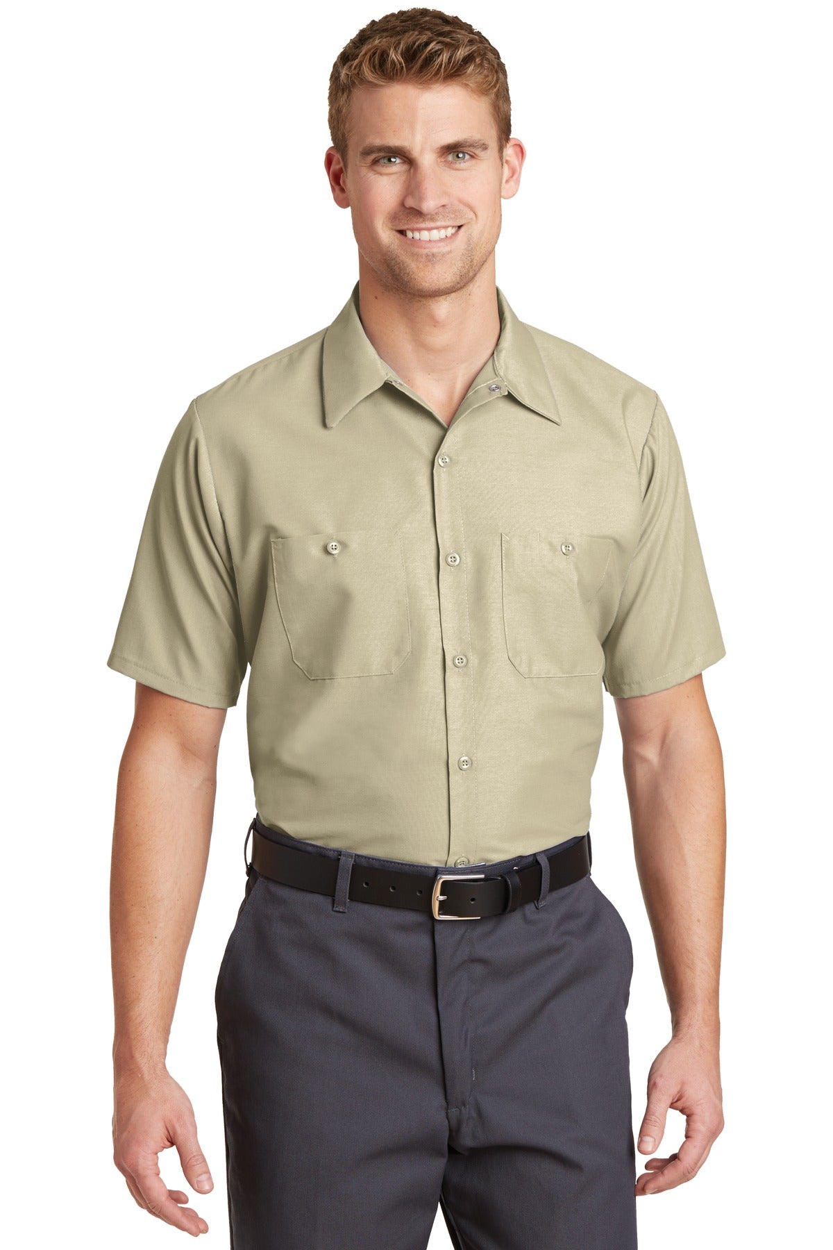 Front View of Light Tan Red Kap Short Sleeve Industrial Work Shirt. SP24