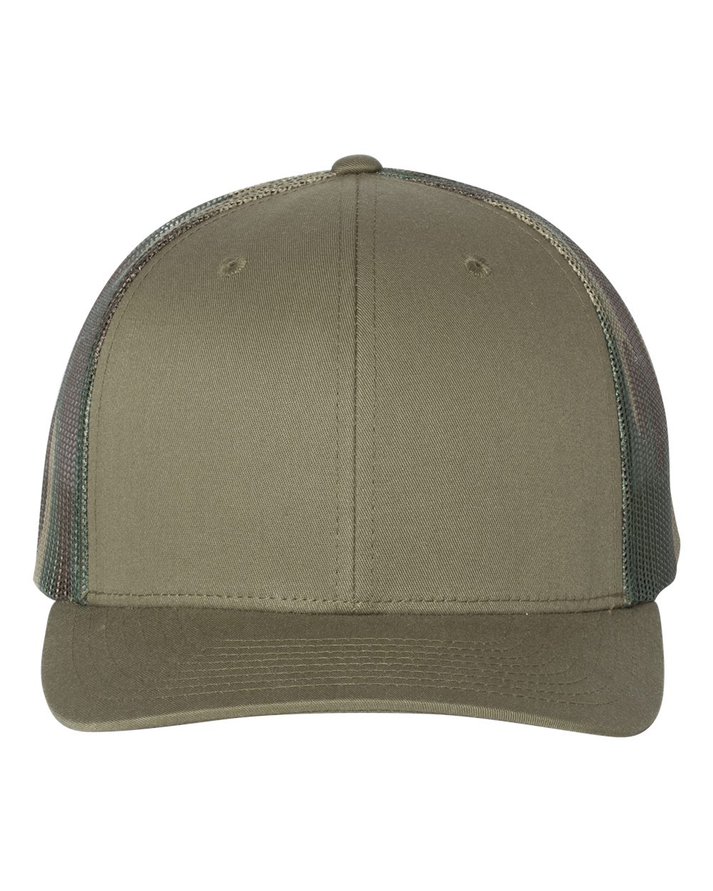 Front View of Loden/ Green Camo Printed Mesh Trucker Cap - 112PM