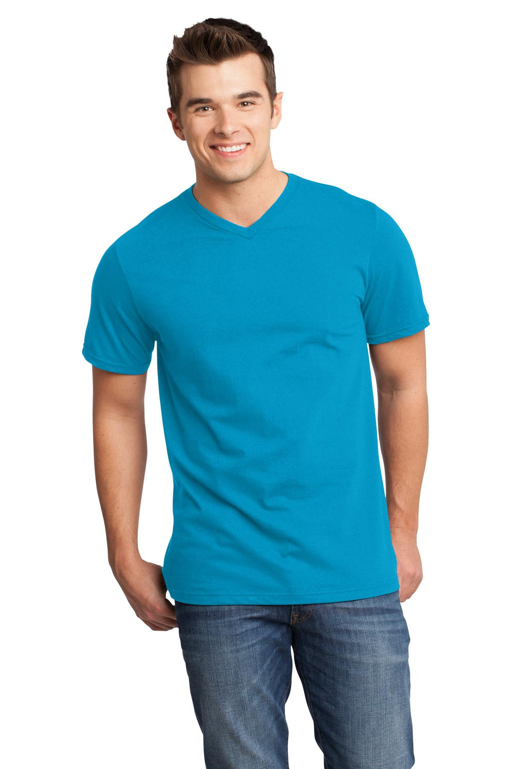 Front View of Lt Turquoise District Very Important Tee V-Neck. DT6500