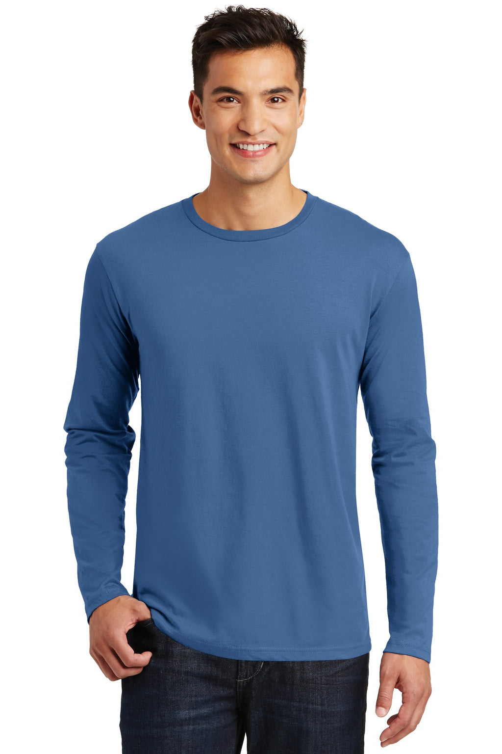 Front View of Maritime Blue District Perfect Weight Long Sleeve Tee. DT105