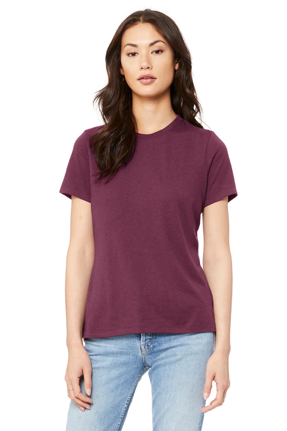 Front View of Maroon BELLA+CANVAS Women's Relaxed Jersey Short Sleeve Tee. BC6400