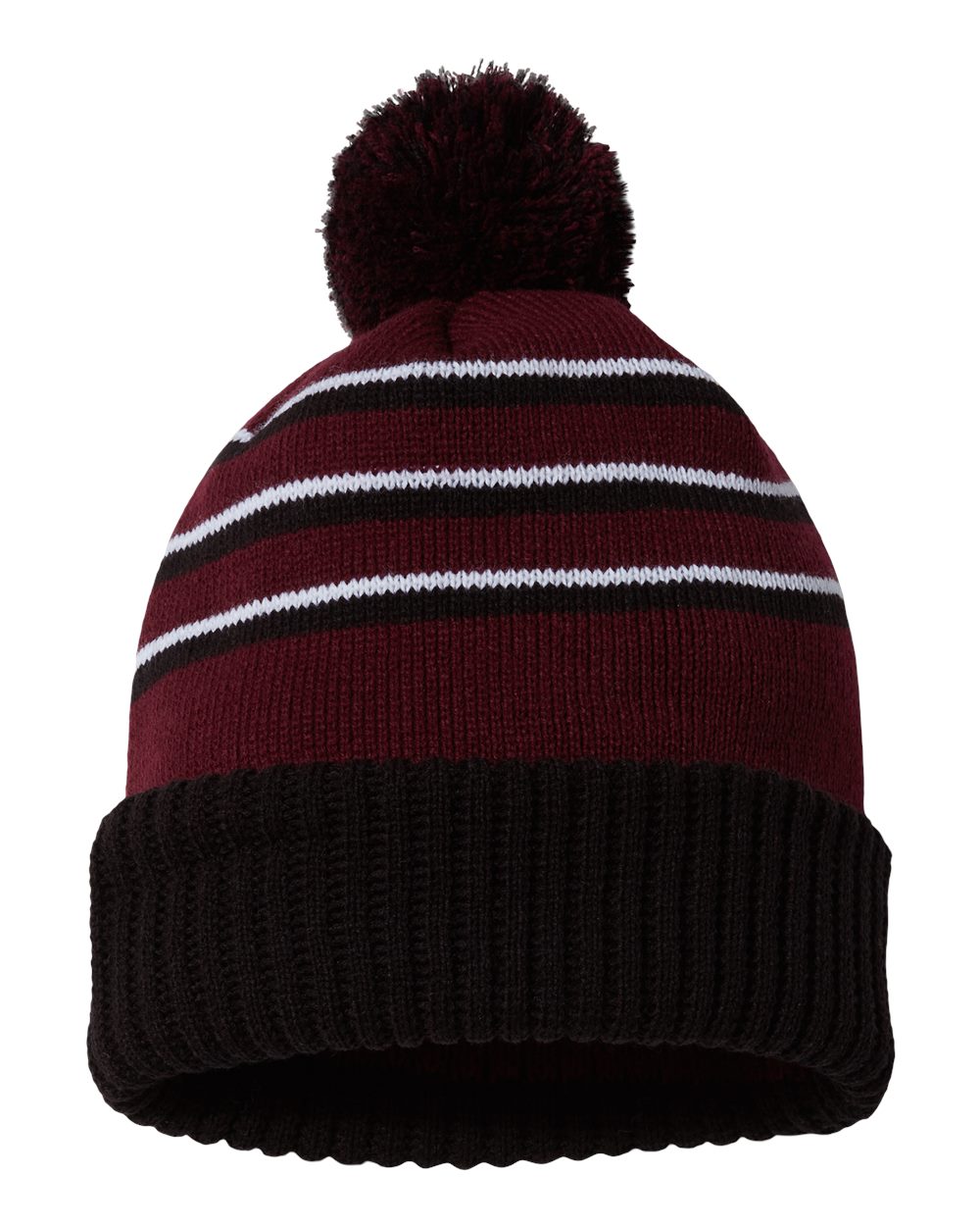 Front View of Maroon/ Black/ White Pom Cuffed Beanie - 134