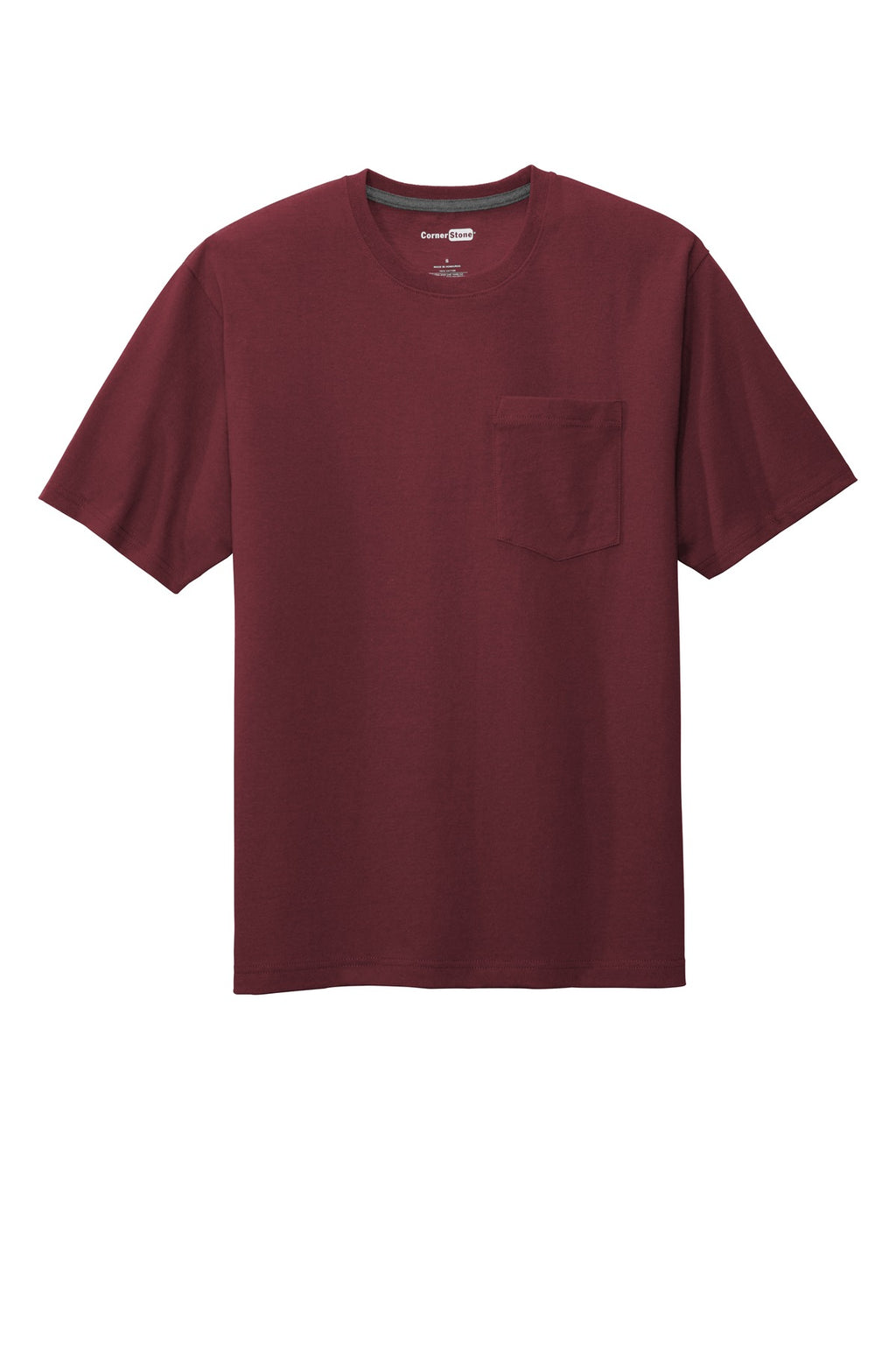 Front View of Maroon CornerStone Workwear Pocket Tee CS430