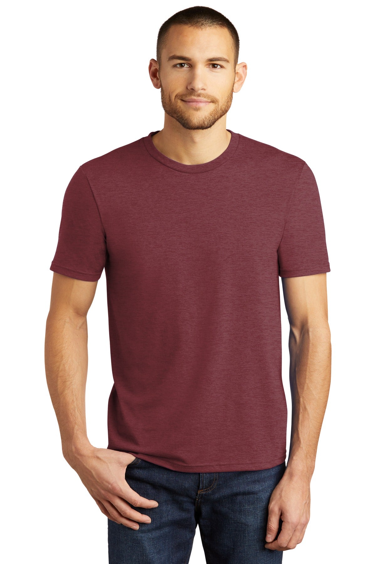 Front View of Maroon Frost District Perfect Tri Tee. DM130