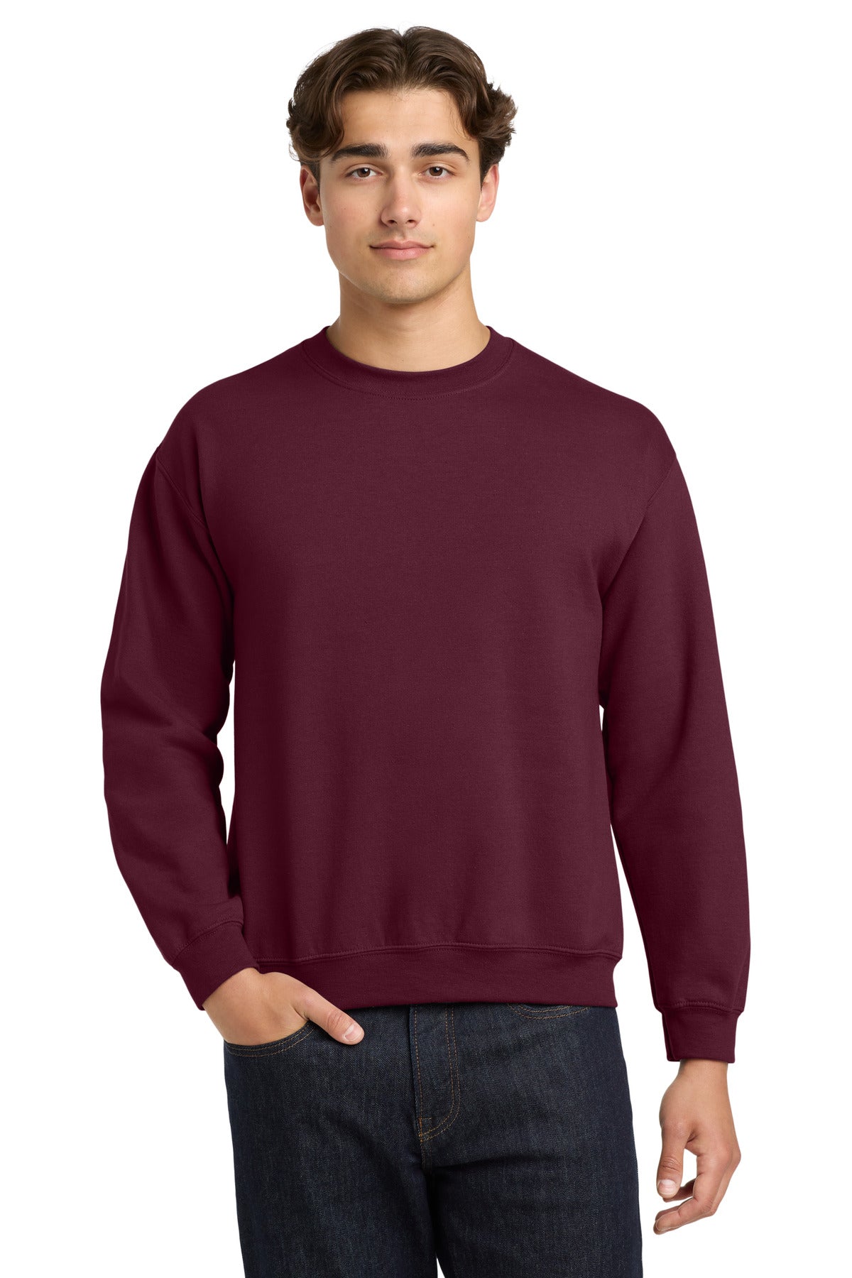 Front View of Maroon Gildan Heavy Blend Crewneck Sweatshirt. 18000