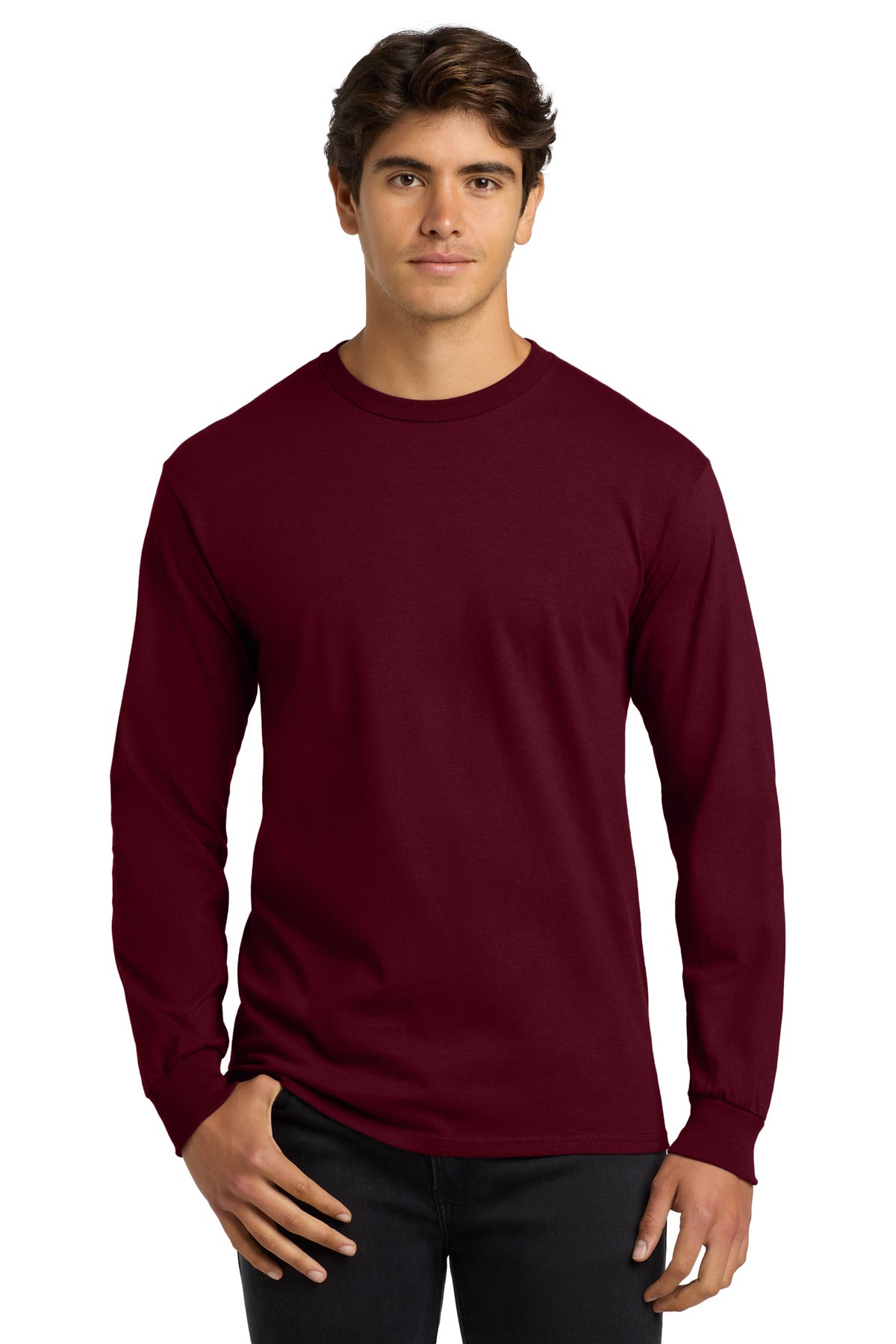 Front View of Maroon Gildan - Ultra Cotton 100% US Cotton Long Sleeve T-Shirt. G2400