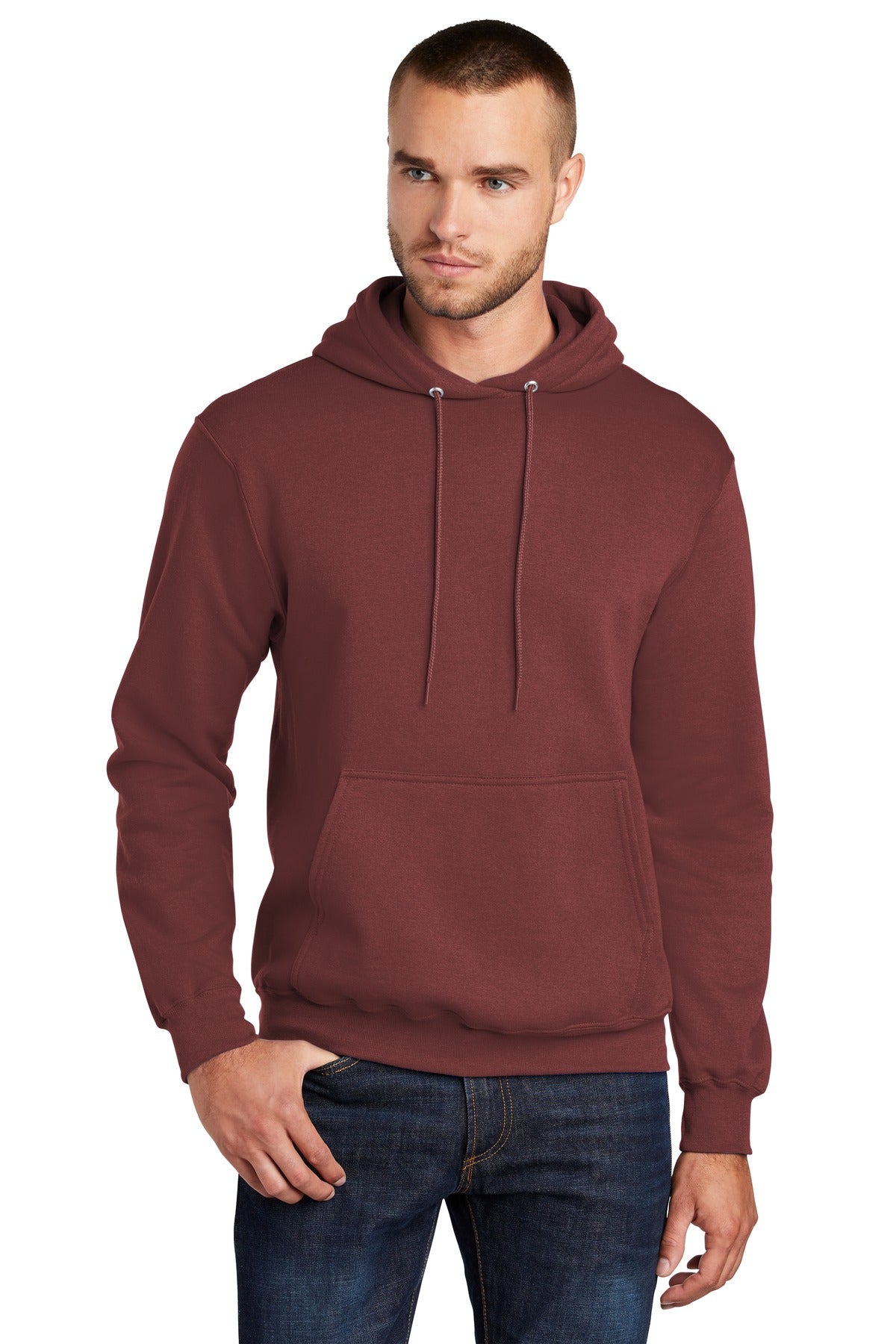 Front View of Maroon Port & Co Core Fleece Pullover Hooded Sweatshirt. PC78H