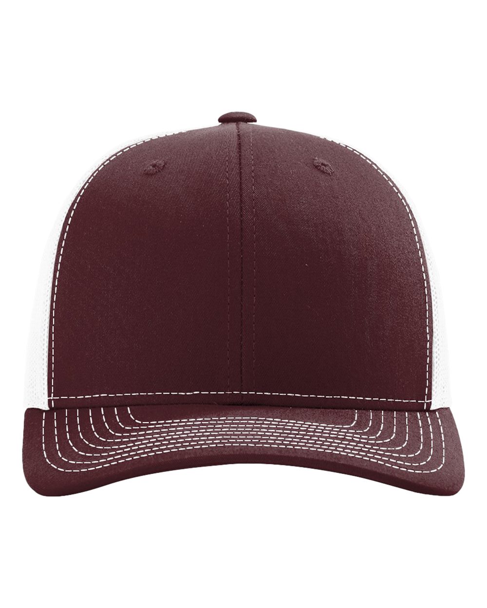 Front View of Maroon/ White Snapback Trucker Cap - 112