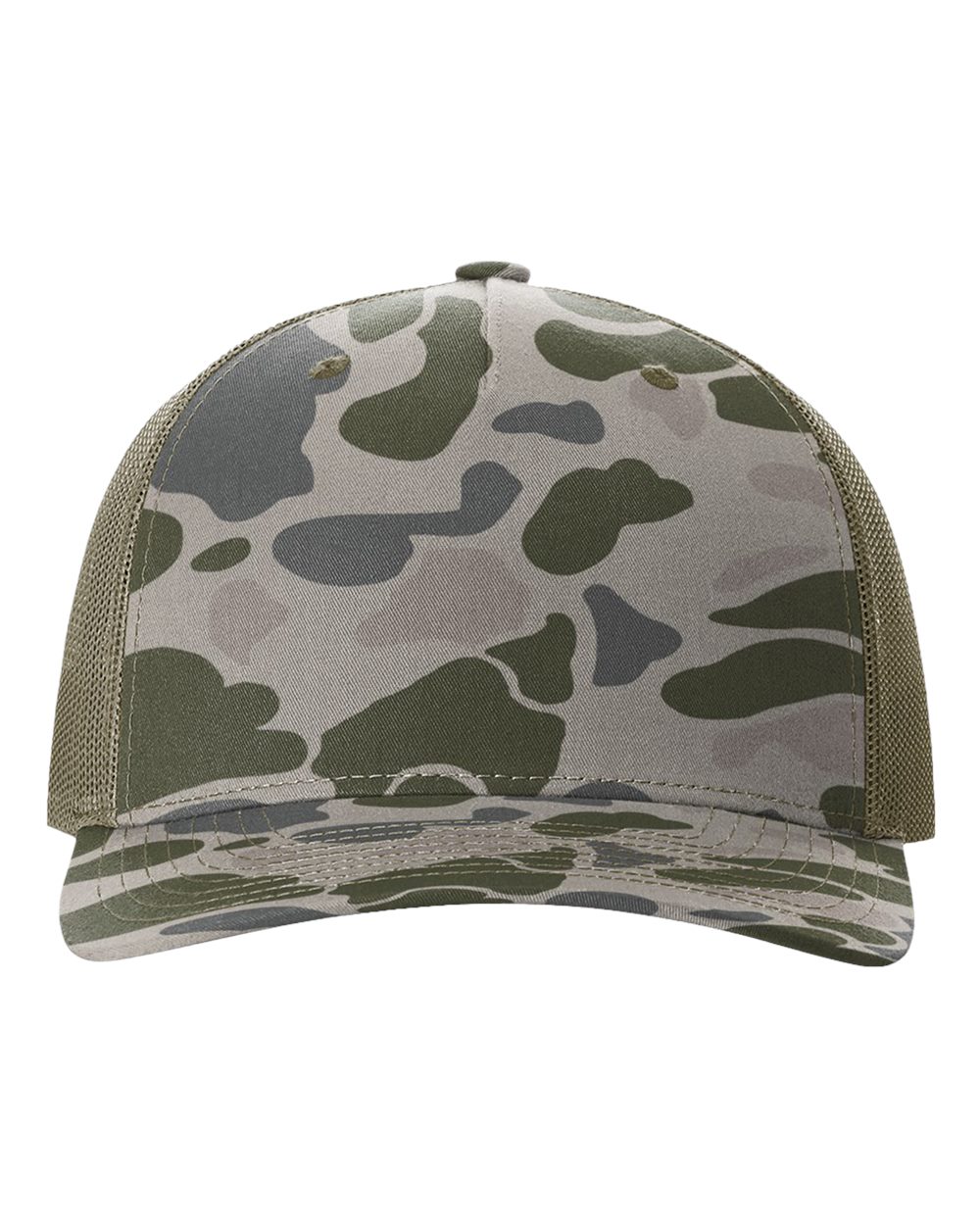 Front View of Marsh Duck Camo/ Loden Five-Panel Printed Trucker Cap - 112PFP