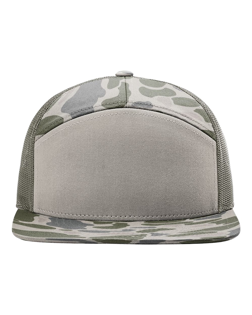 Front View of Marsh Duck Camo/ Loden Green Printed Seven-Panel Trucker Cap - 168P