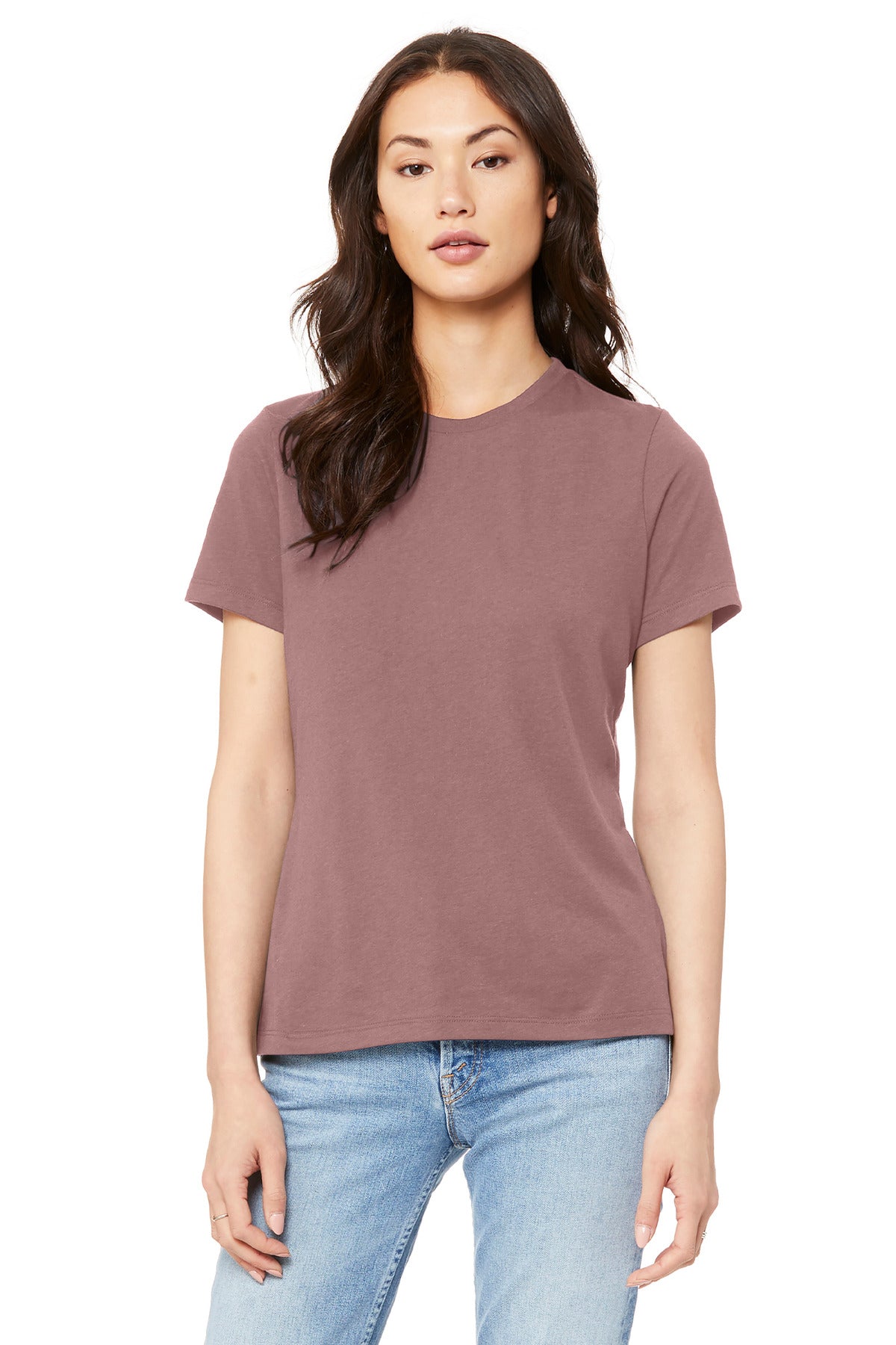 Front View of Mauve BELLA+CANVAS Women's Relaxed Jersey Short Sleeve Tee. BC6400