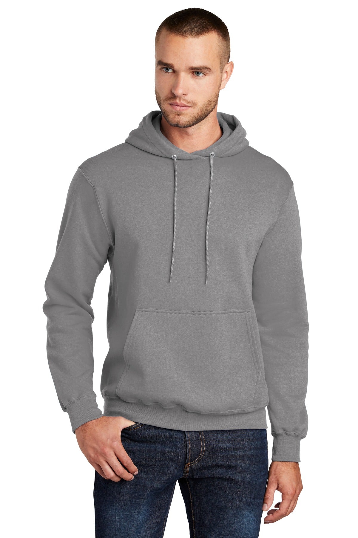 Front View of Medium Grey Port & Co Core Fleece Pullover Hooded Sweatshirt. PC78H