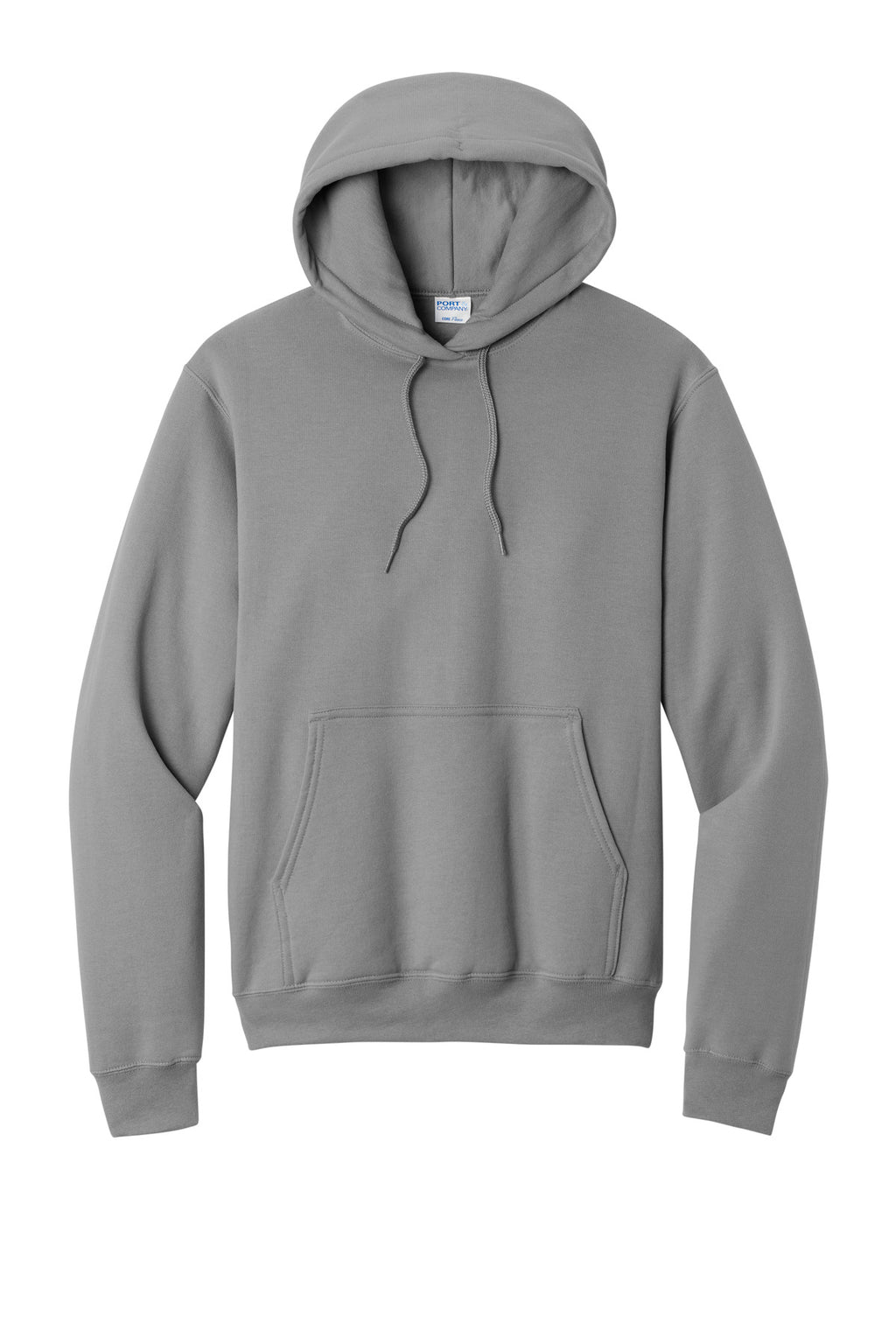 Front View of Medium Grey Port & Co Core Fleece Pullover Hooded Sweatshirt. PC78H
