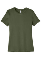 Front View of MilGreen BELLA+CANVAS Women's Relaxed Jersey Short Sleeve Tee. BC6400