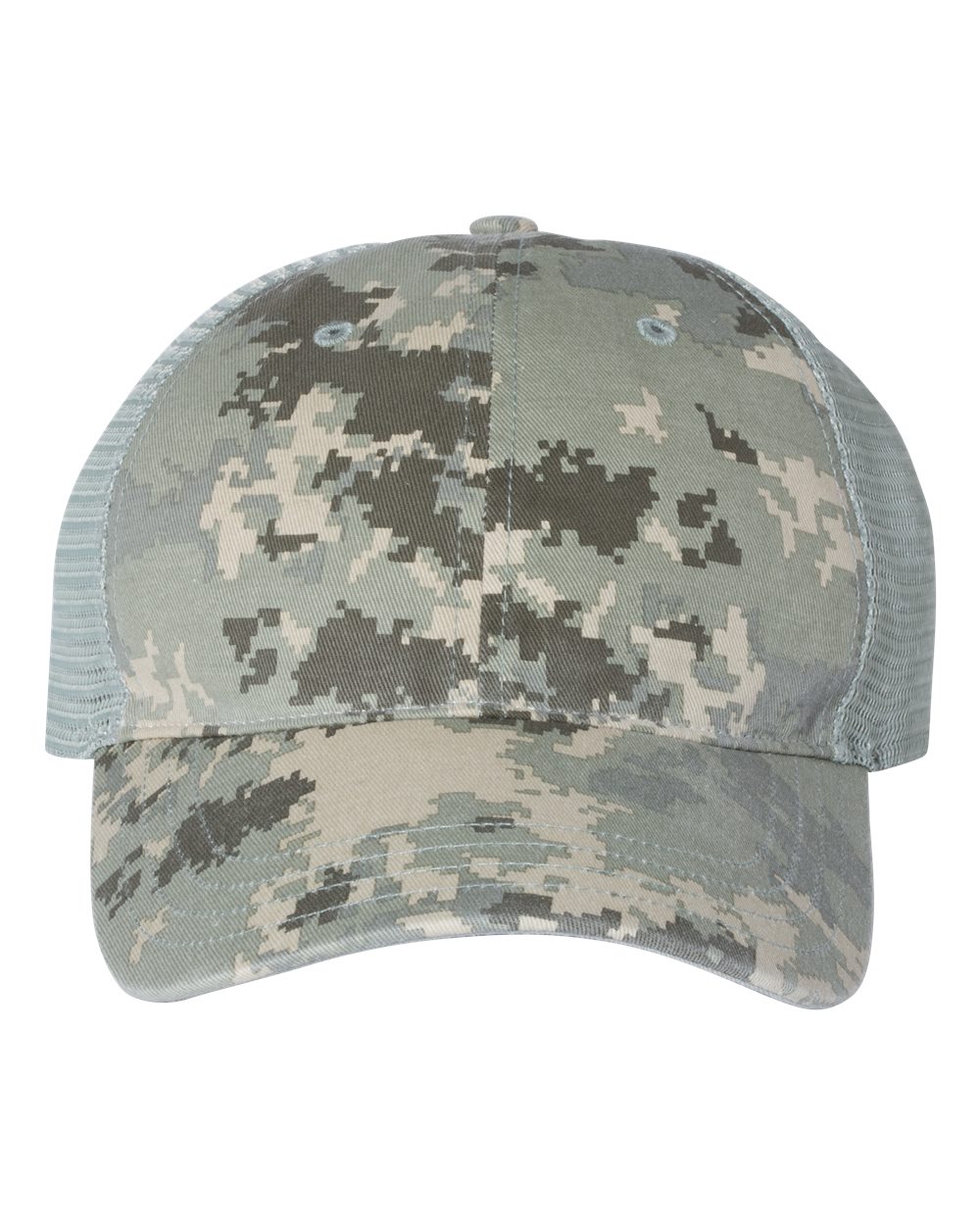 Front View of Military Digital Camo/ Light Green Garment Washed Printed Trucker Cap - 111P