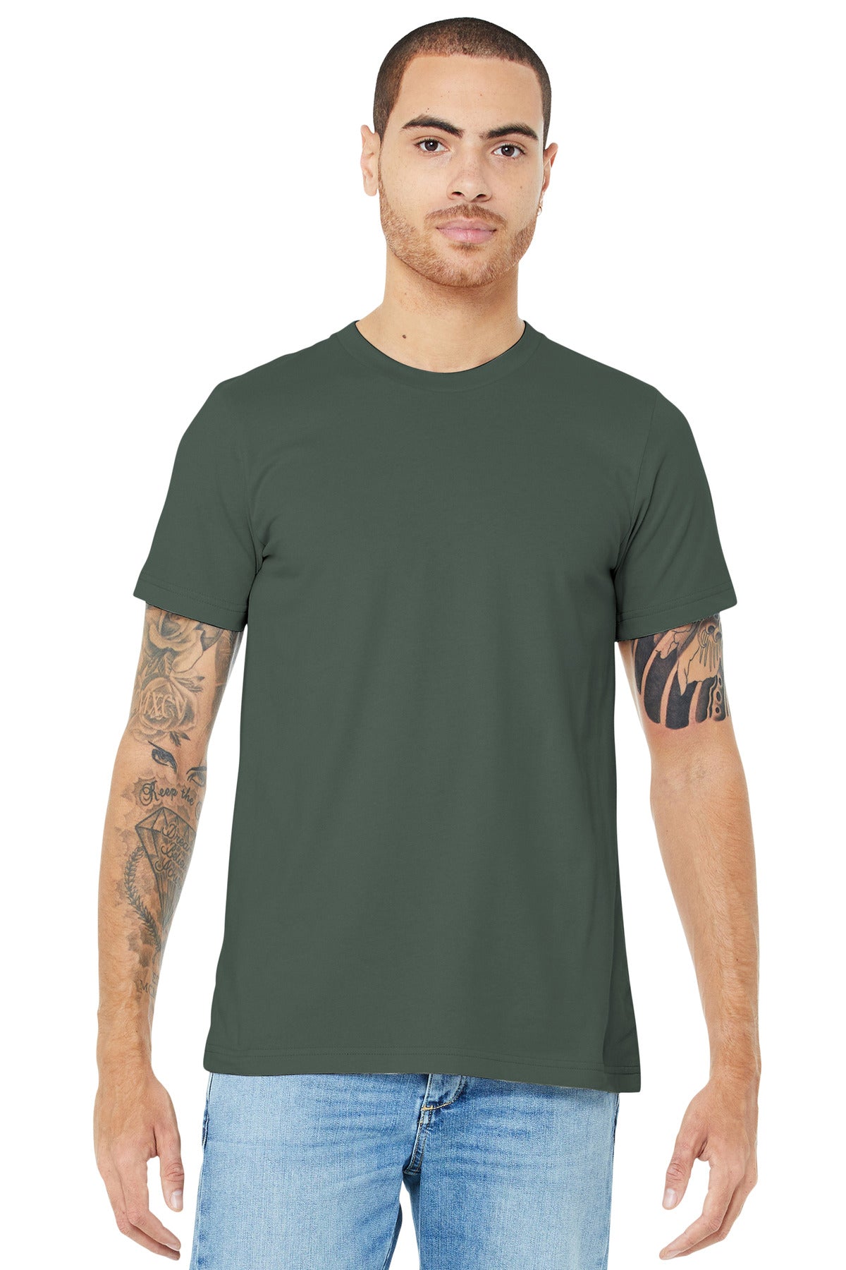 Front View of Military Green BELLA+CANVAS Unisex Jersey Short Sleeve Tee. BC3001