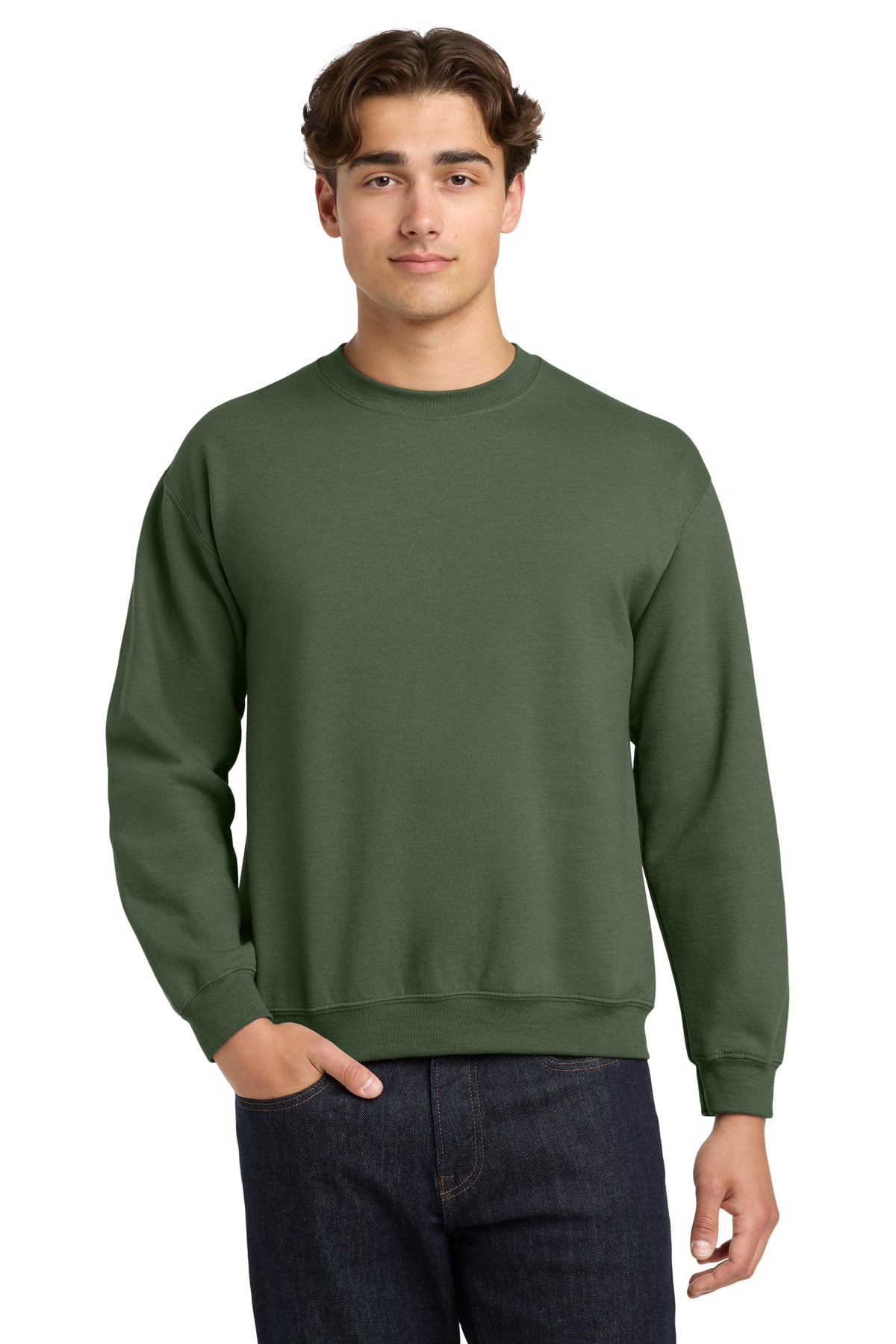Front View of Military Green Gildan Heavy Blend Crewneck Sweatshirt. 18000