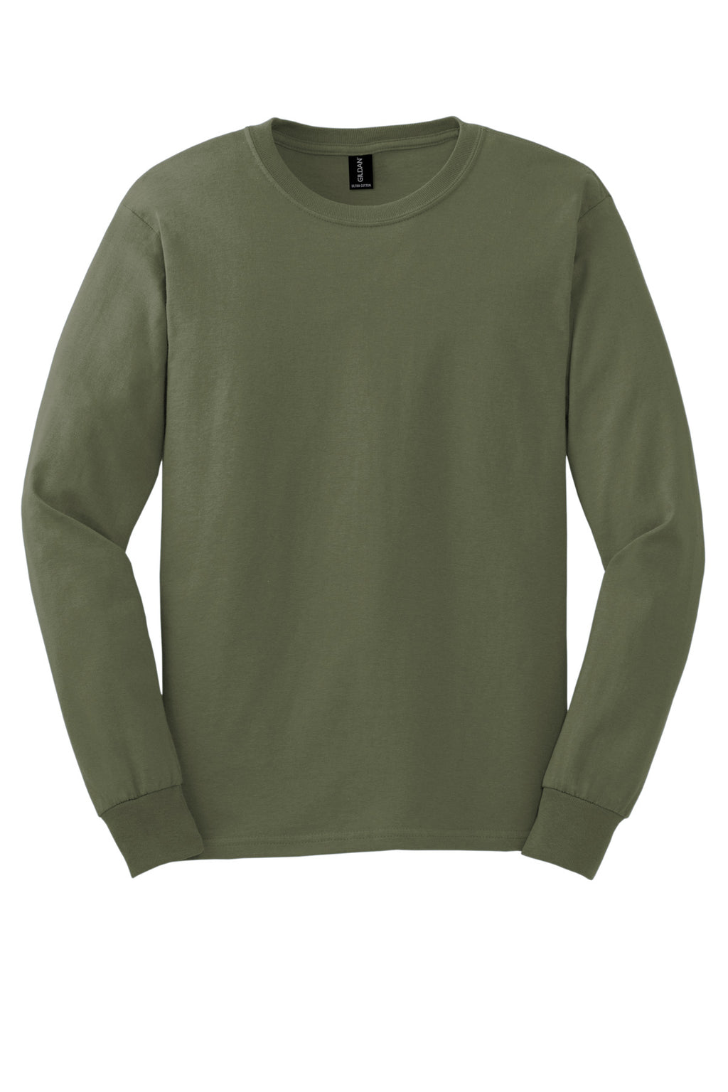 Front View of Military Green Gildan - Ultra Cotton 100% US Cotton Long Sleeve T-Shirt. G2400