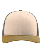 Front View of Mink Beige/ Charcoal/ Amber Gold Snapback Trucker Cap - 112