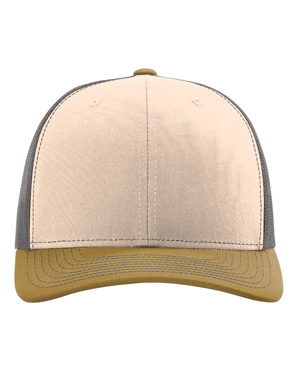 Front View of Mink Beige/ Charcoal/ Amber Gold Snapback Trucker Cap - 112