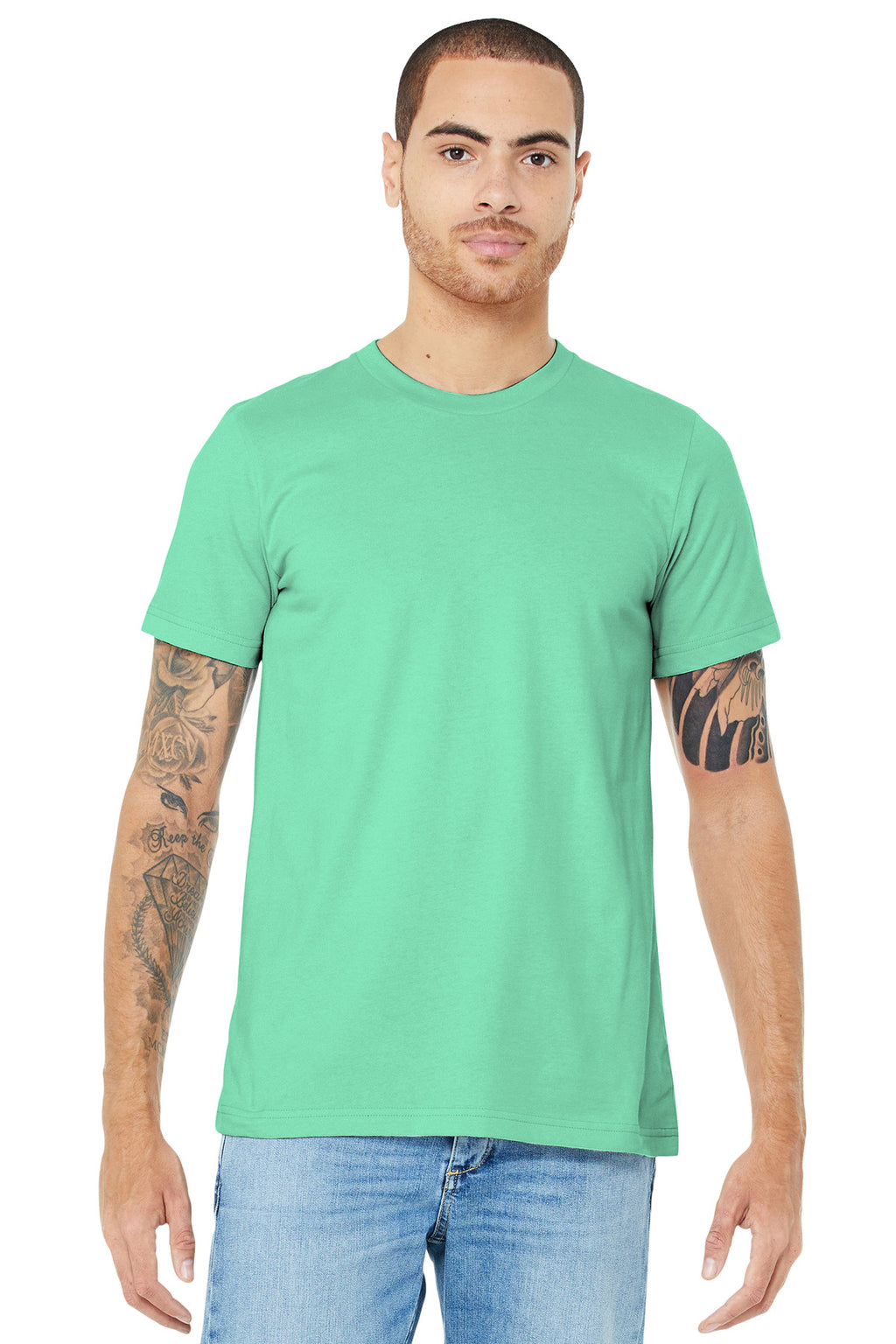 Front View of Mint BELLA+CANVAS Unisex Jersey Short Sleeve Tee. BC3001