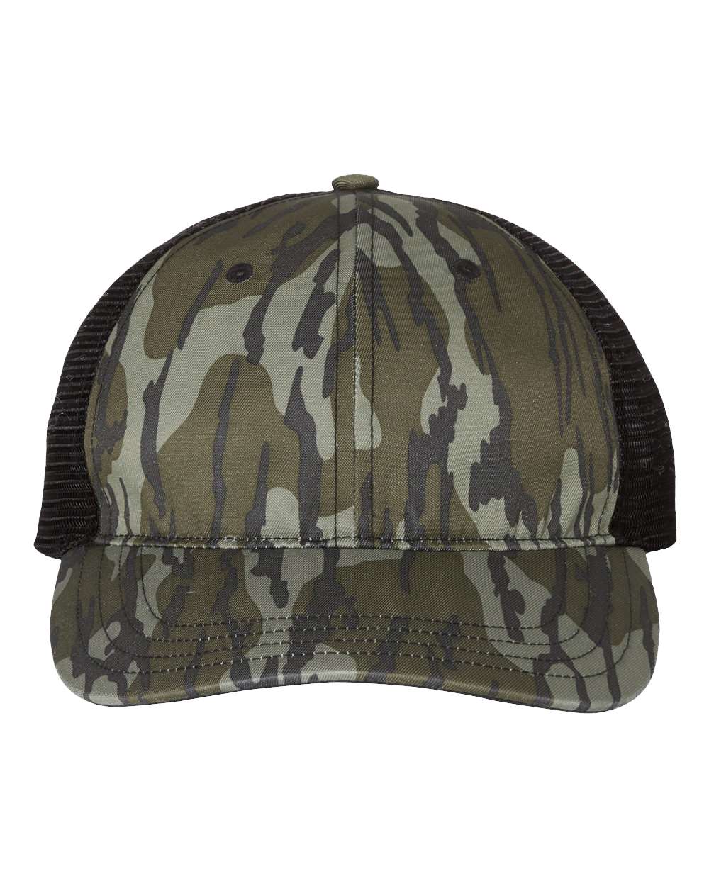 Front View of Mossy Oak Bottomland/ Black Garment Washed Printed Trucker Cap - 111P