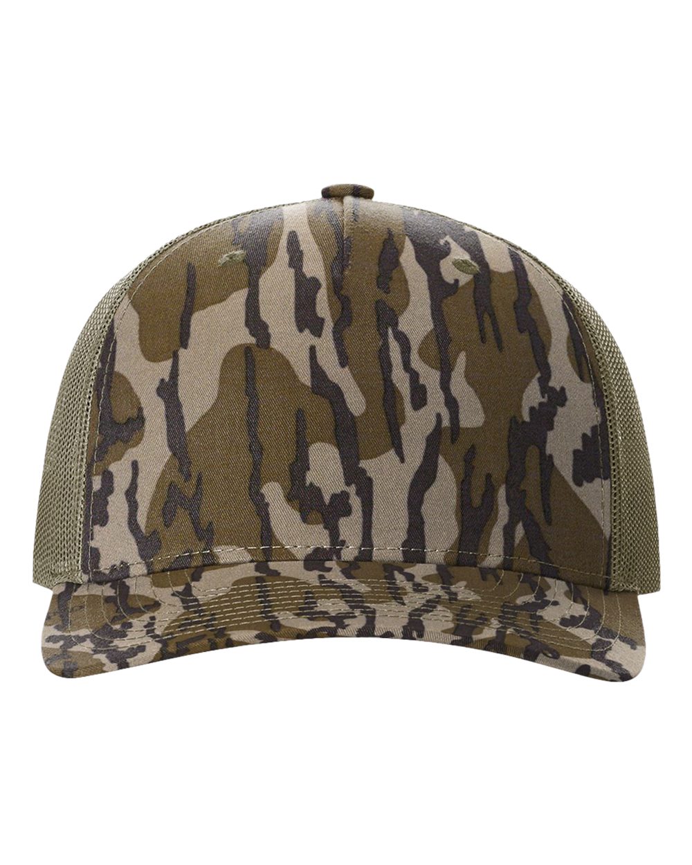 Front View of Mossy Oak Bottomland/ Loden Five-Panel Printed Trucker Cap - 112PFP