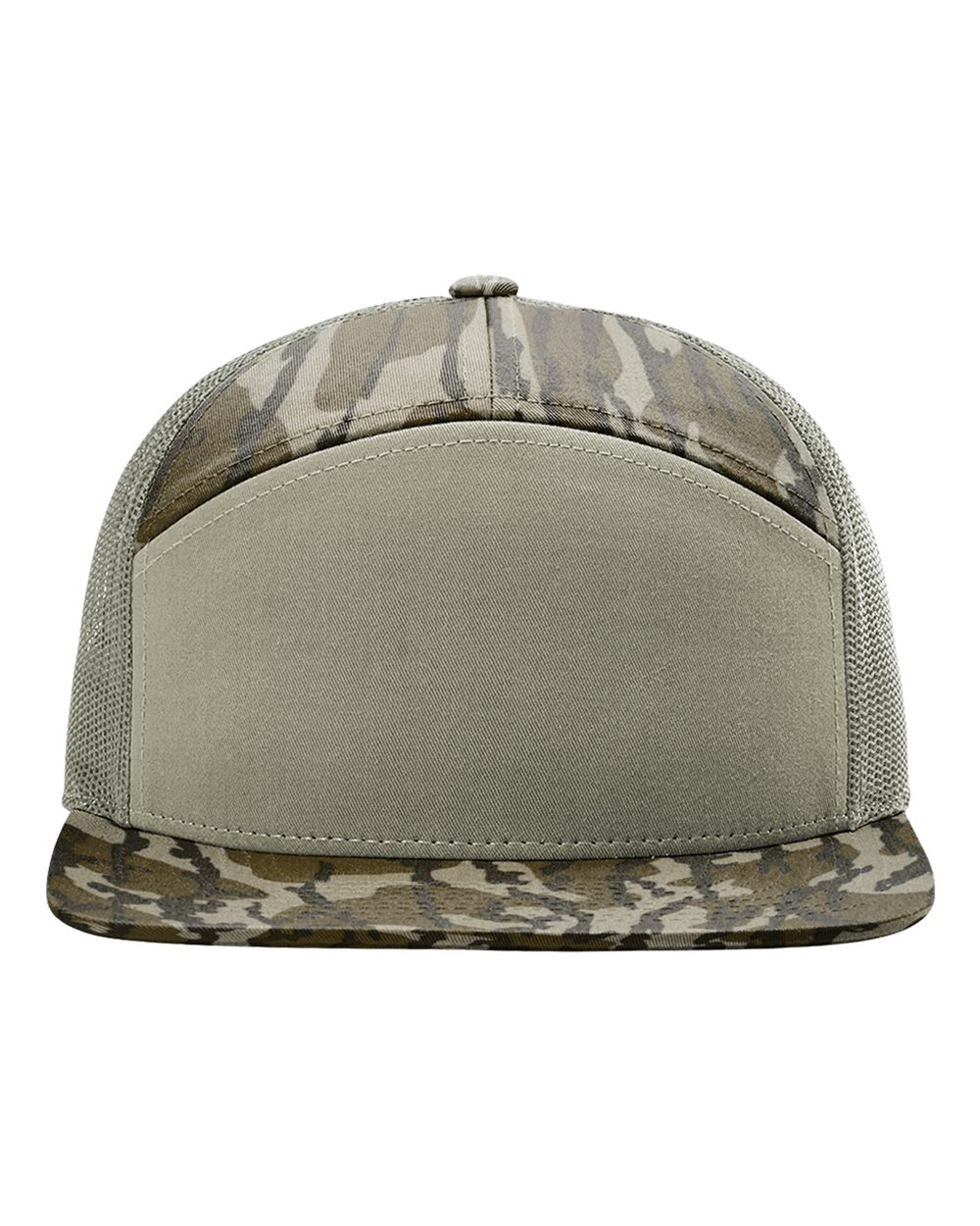 Front View of Mossy Oak Bottomland/ Loden Green Printed Seven-Panel Trucker Cap - 168P