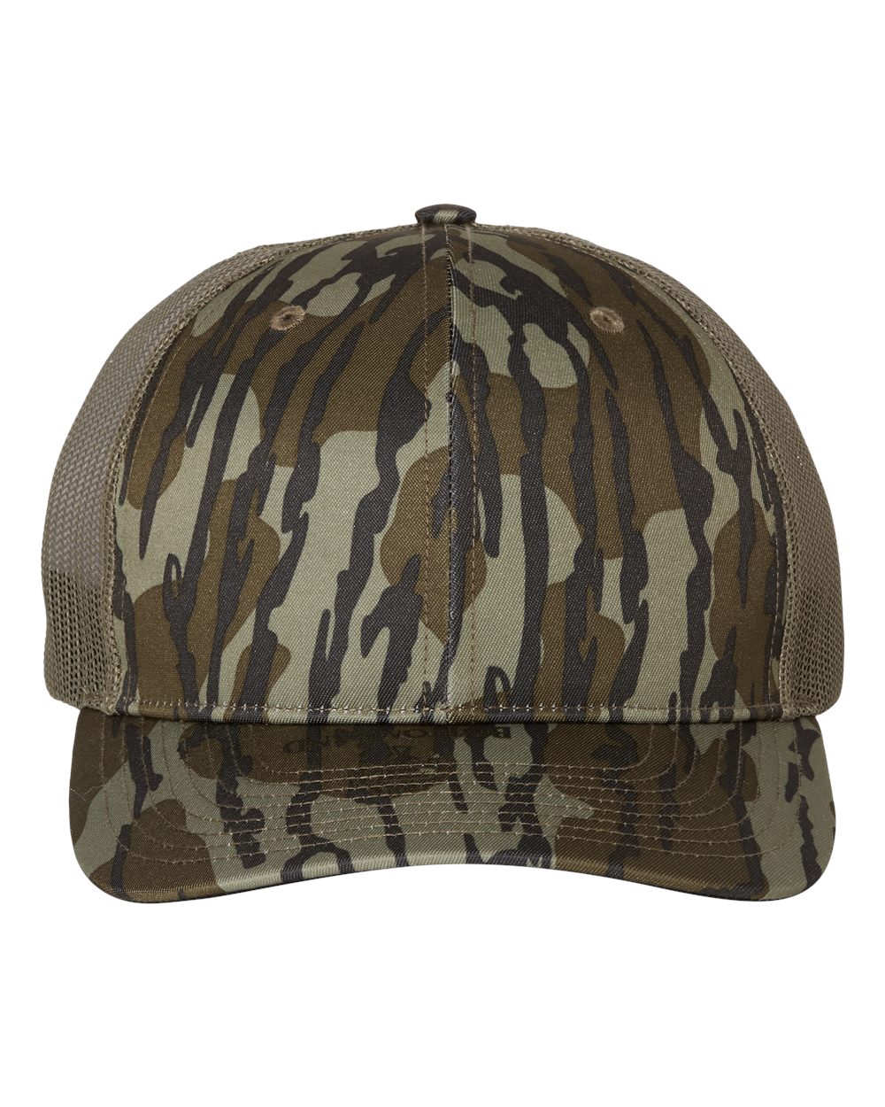 Front View of Mossy Oak Bottomland/ Loden Printed Trucker Cap - 112P