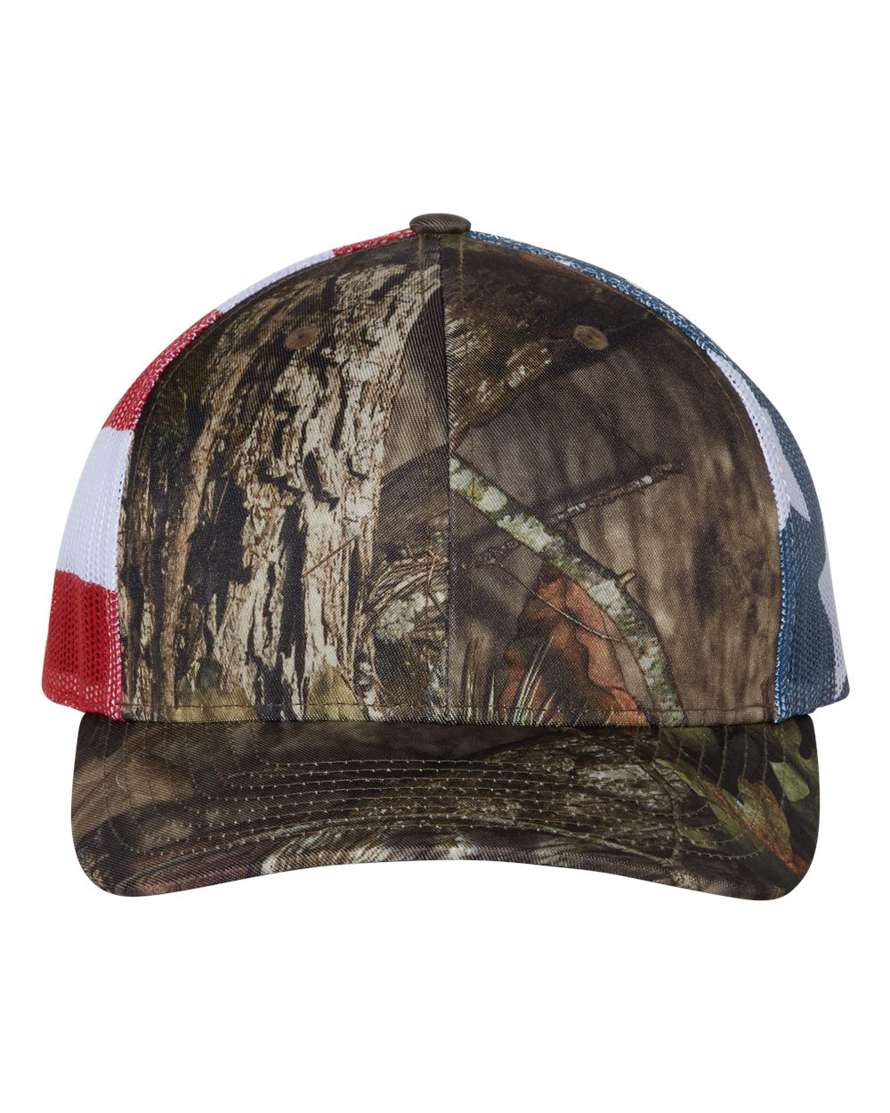 Front View of Mossy Oak Break-Up Country/ Stars & Stripes Printed Mesh Trucker Cap - 112PM