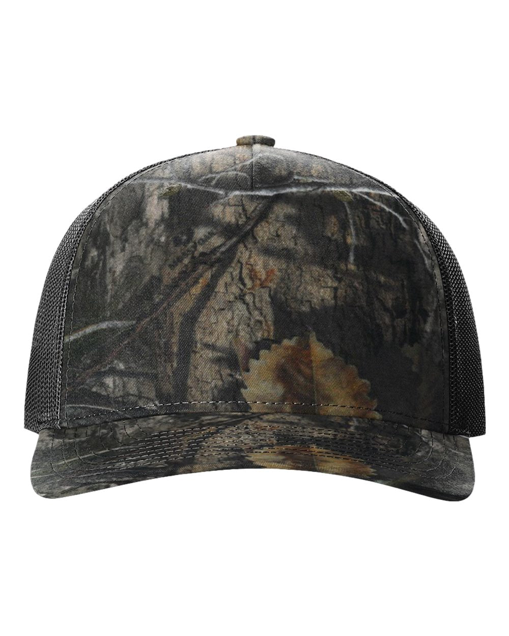 Front View of Mossy Oak Country DNA/ Black Five-Panel Printed Trucker Cap - 112PFP