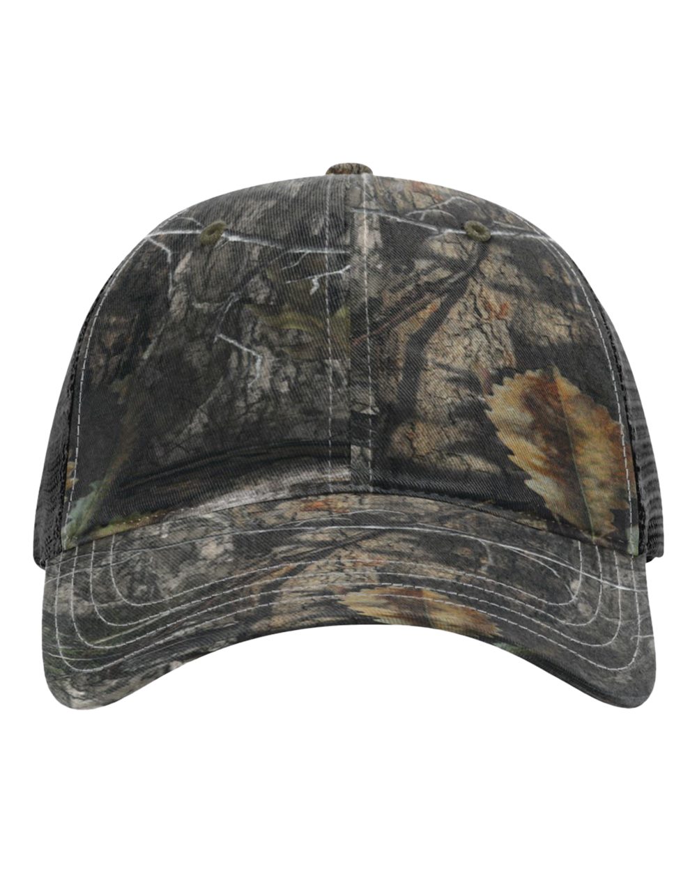 Front View of Mossy Oak Country DNA/ Black Garment Washed Printed Trucker Cap - 111P