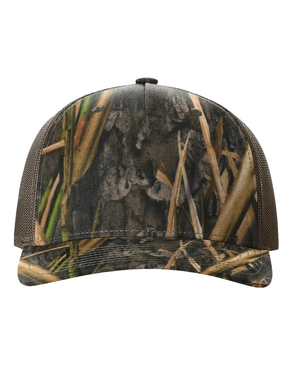 Front View of Mossy Oak Habitat/ Brown Five-Panel Printed Trucker Cap - 112PFP