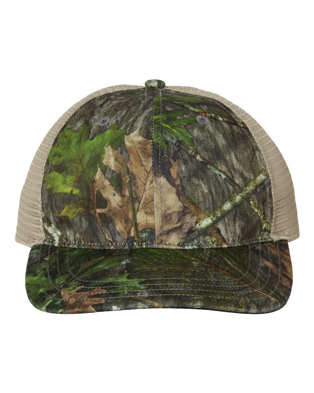 Front View of Mossy Oak Obsession/ Khaki Garment Washed Printed Trucker Cap - 111P
