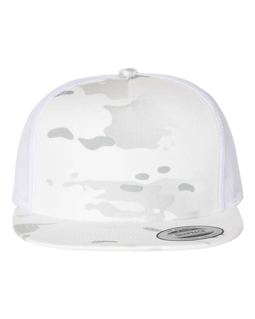 Front View of Multicam Alpine/ White Five-Panel Classic Trucker Cap - 6006
