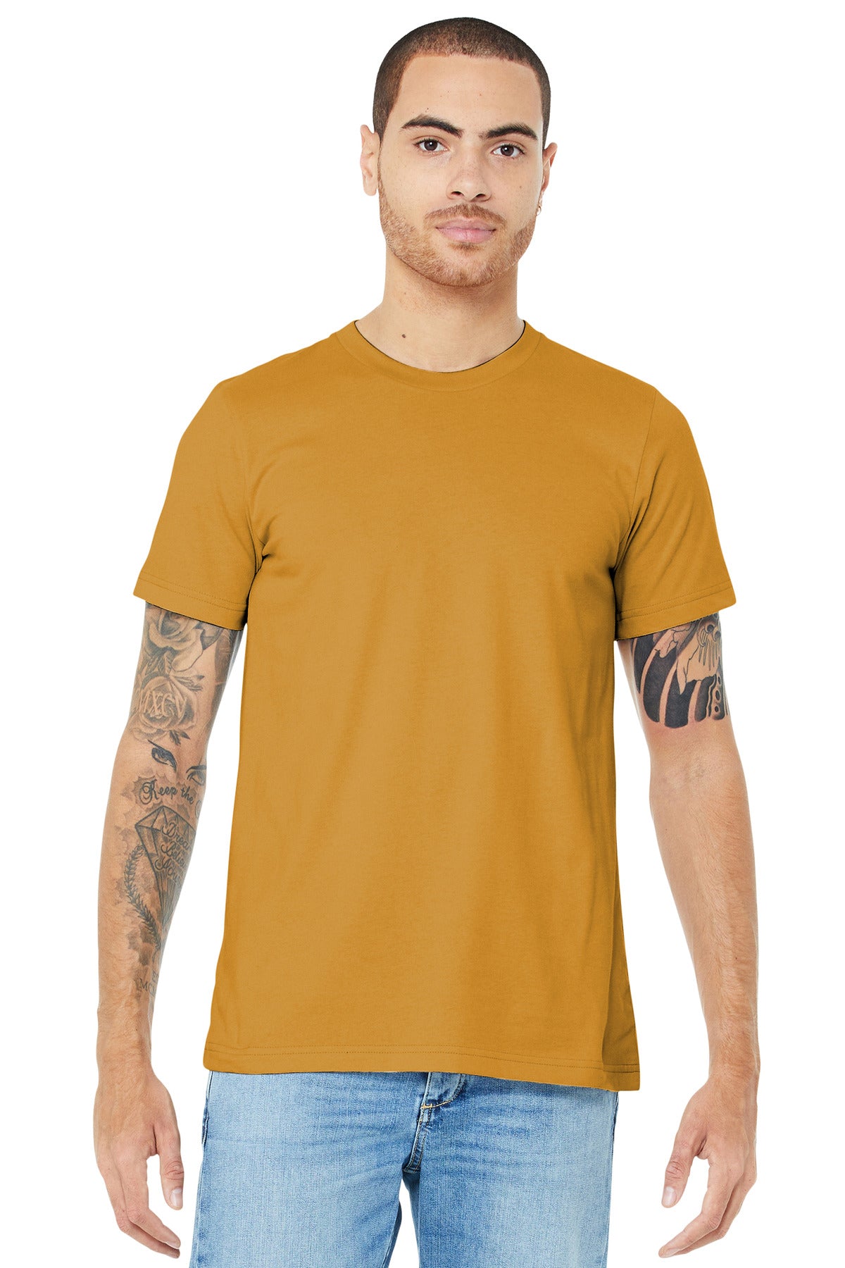 Front View of Mustard BELLA+CANVAS Unisex Jersey Short Sleeve Tee. BC3001