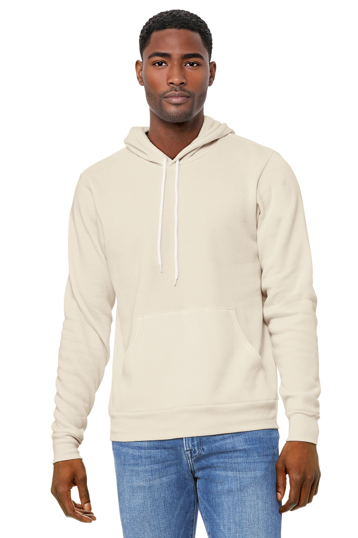 Front View of Natural BELLA+CANVAS Unisex Sponge Fleece Pullover Hoodie. BC3719