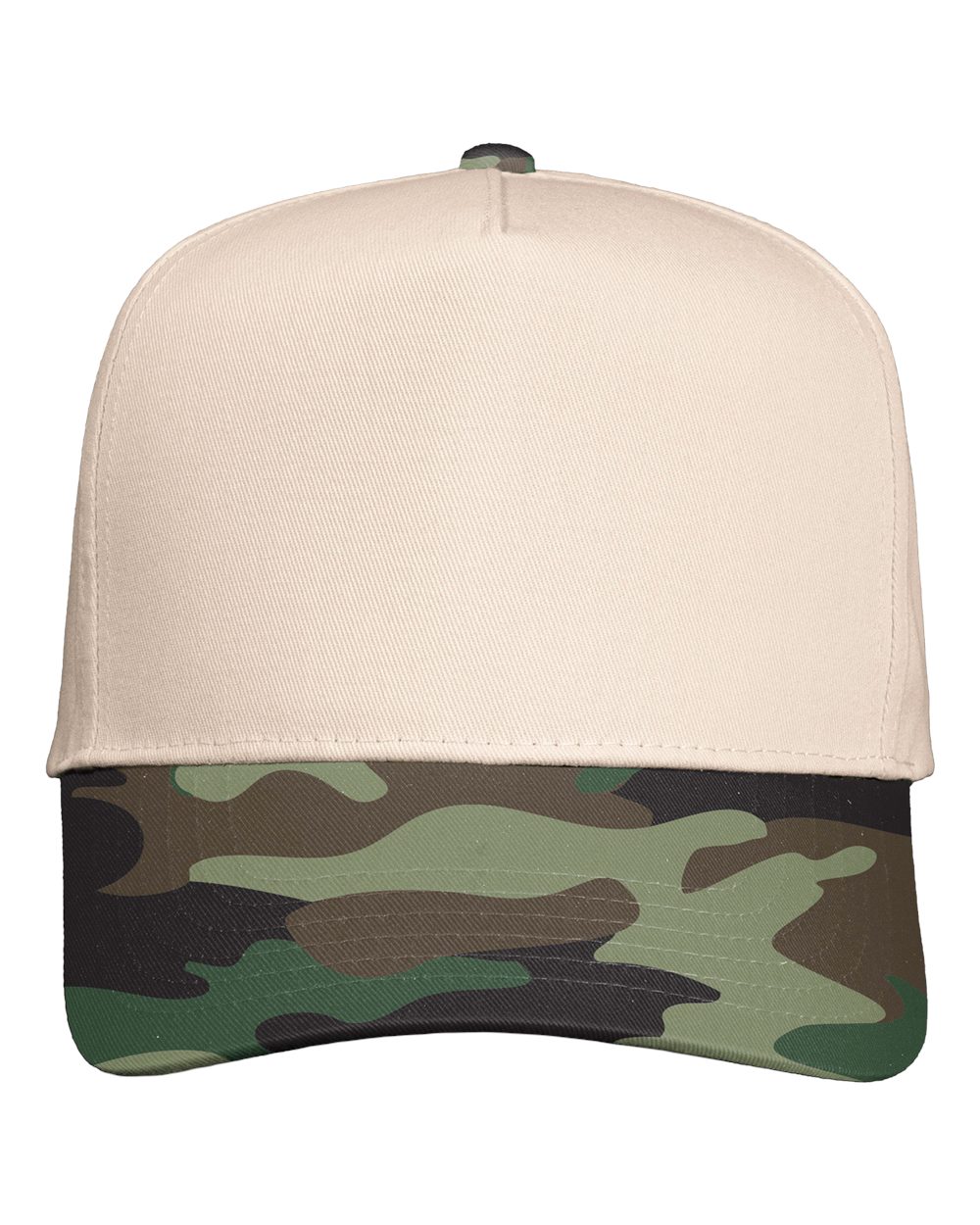 Front View of Natural/ Camo Green Five-Panel Twill Cap - 8869