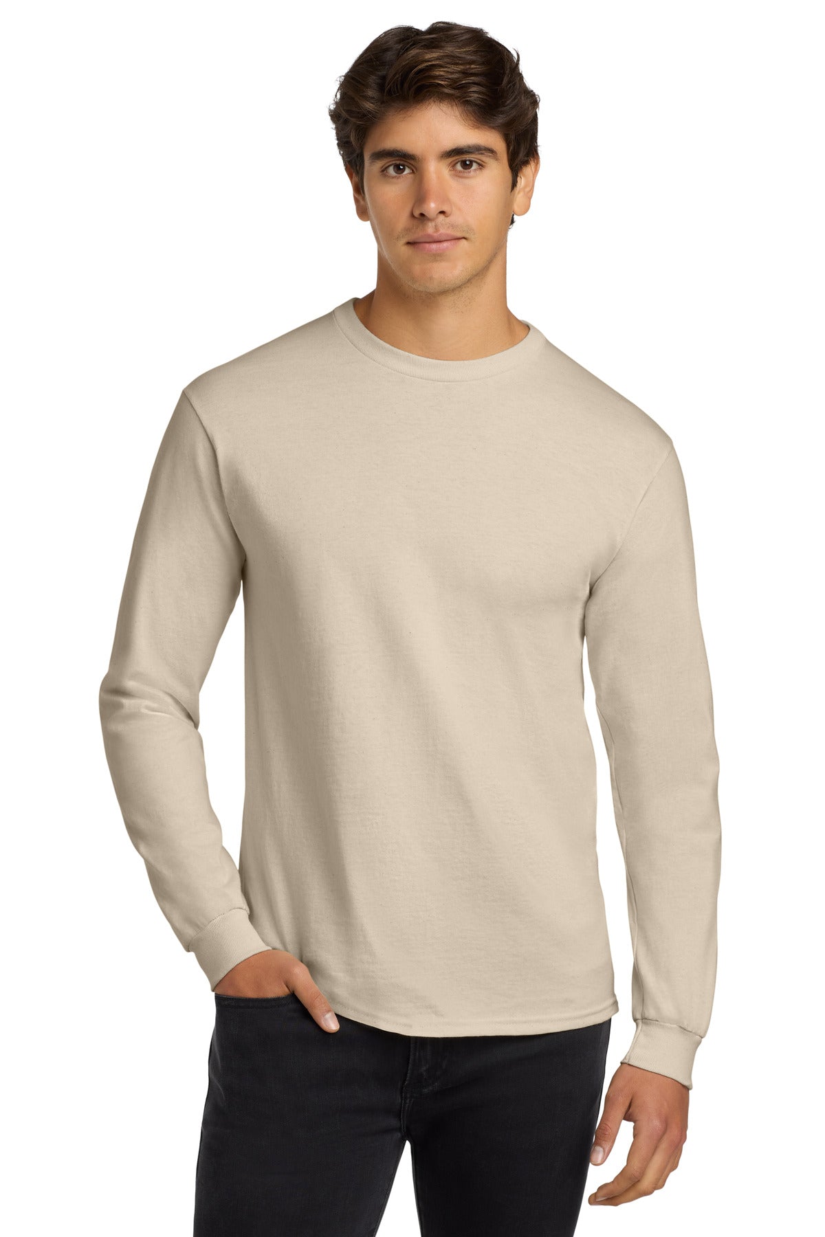 Front View of Natural Gildan - Ultra Cotton 100% US Cotton Long Sleeve T-Shirt. G2400