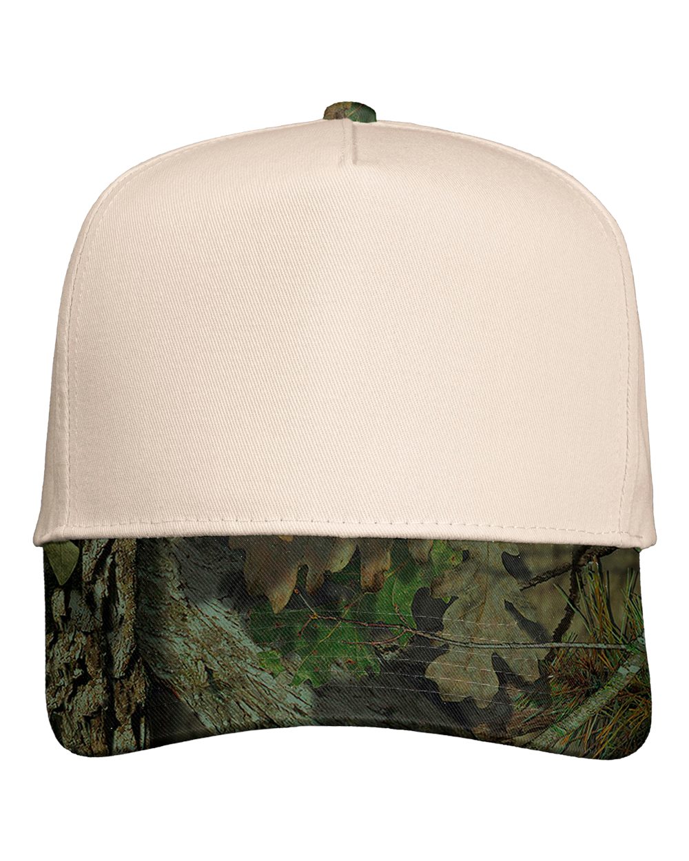 Front View of Natural/ Mossy Oak Breakup Five-Panel Twill Cap - 8869